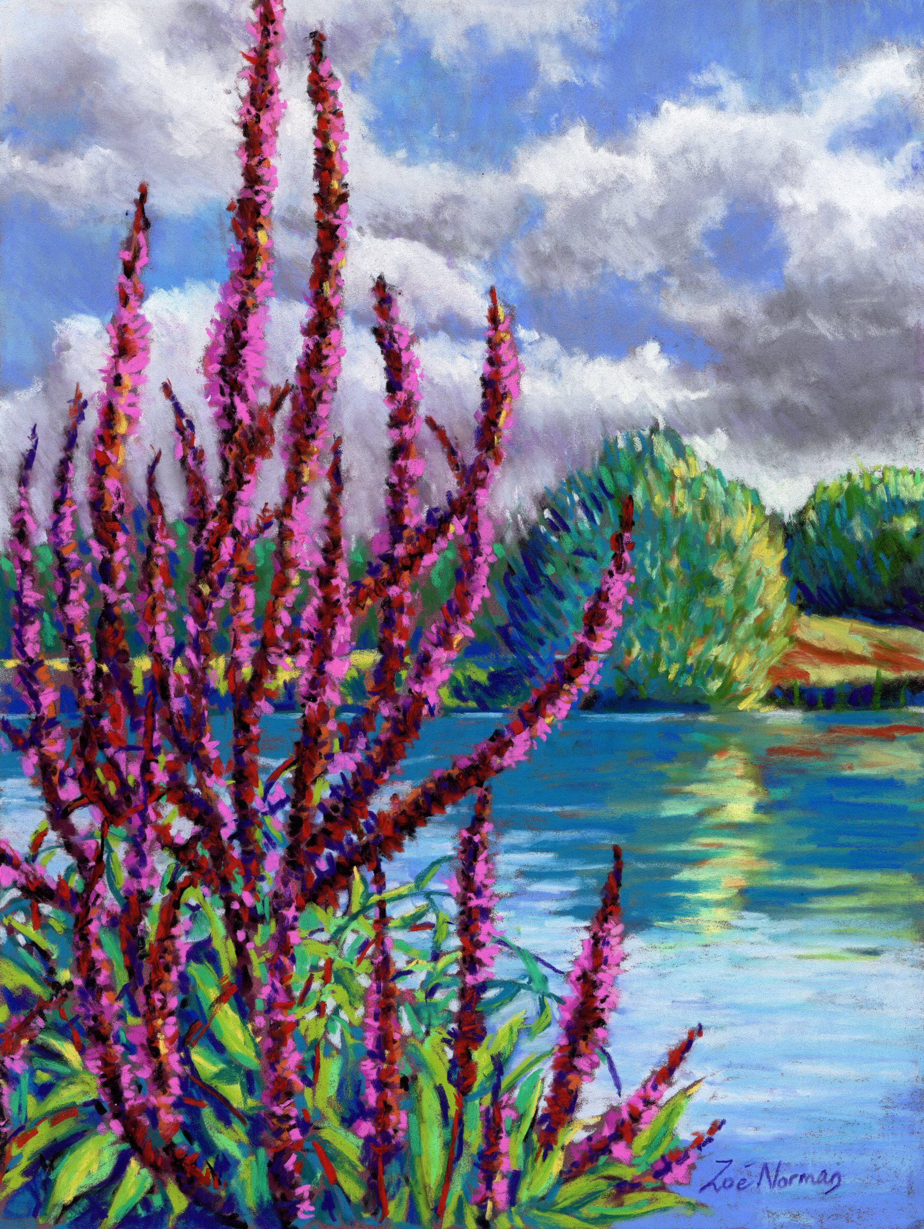 Landscape Painting Zoe Elizabeth Norman - Été sur les Norfolk Broads, peinture, pastel sur papier de verre