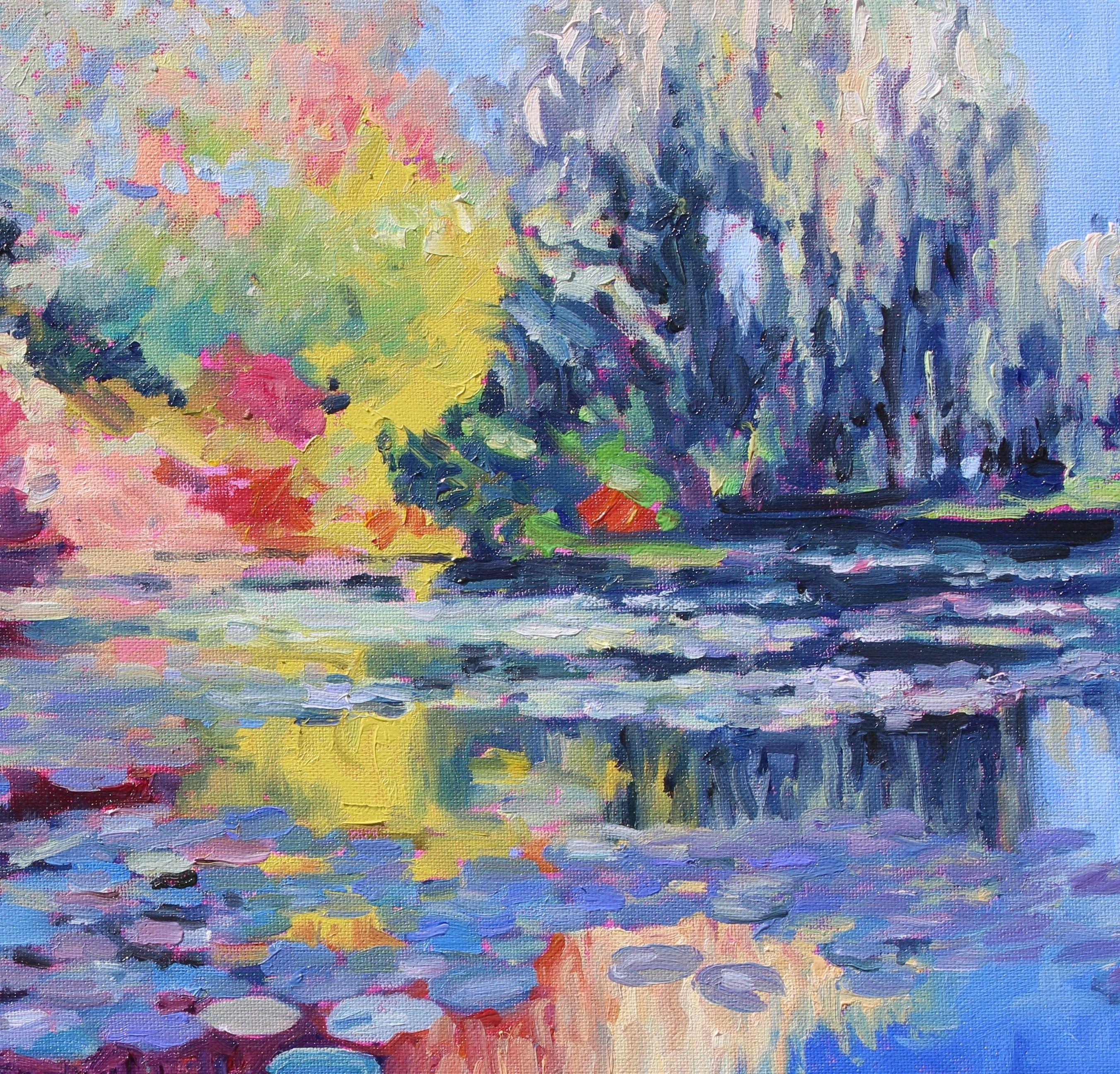 Impressionnisme contemporain.    Cette peinture a été inspirée par le jardin d'eau emblématique de Claude Monet à Giverny, en France. Peint avec des coups de pinceau vifs et des peintures à l'huile vibrantes appliquées en couche épaisse.    Cette