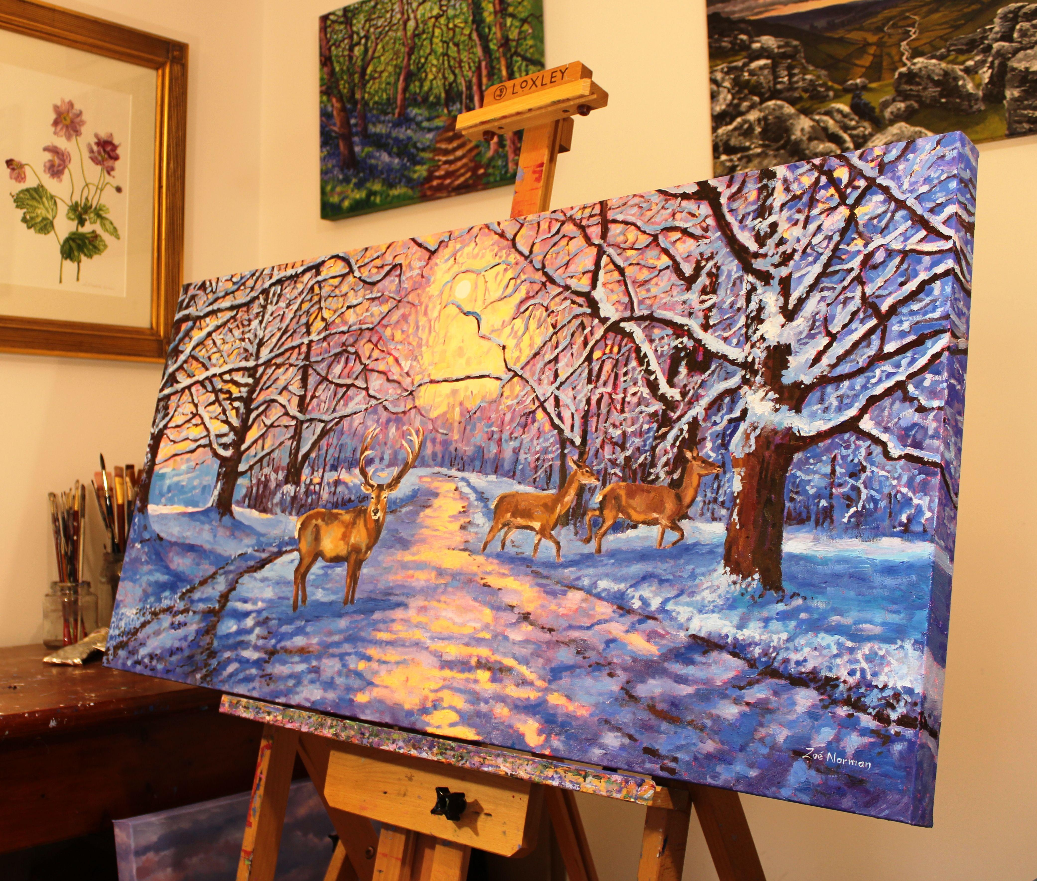 Contemporary Impressionism.  Large oil painting of an evening winter landscape scene with crossing red deer.  Painted with lively brush strokes and thickly applied vibrant oil paints; this is a unique and spectacular statement piece full of vivacity