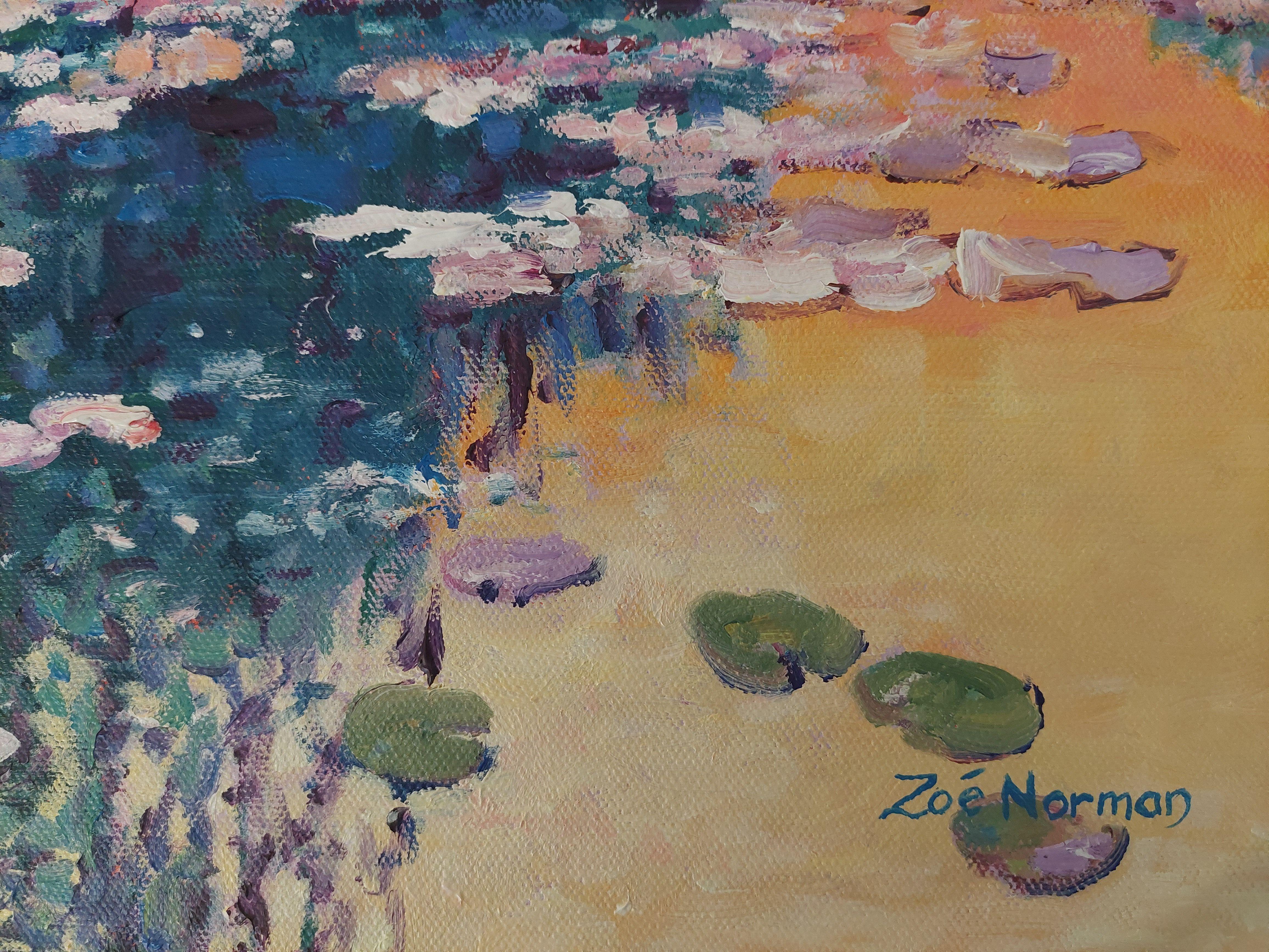 Contemporary Impressionism.    Stunning oil painting inspired by Claude Monet's iconic water garden at Giverny. Summer evening with pink sunset glinting through the sumptuouse mauve wisteria flowers which cascade in front of majestic willow trees. 