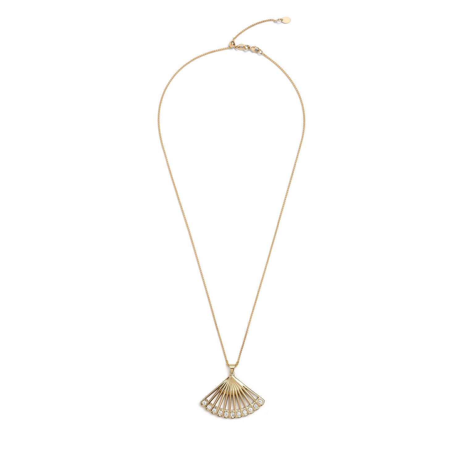 Our Zoe Fan Necklace is a modern update on a motif that will take you back to another era. This 14k yellow gold necklace layers beautifully with other necklaces, but is bold enough to be worn on its own. 

White diamond carat weight: 0.35 carats
On