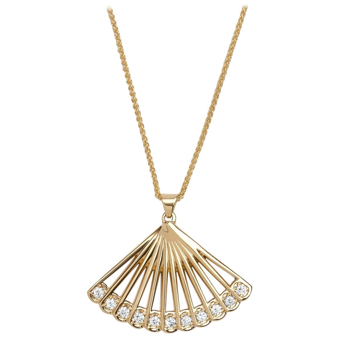 Zoe Fan Necklace, Yellow Gold and Diamond Fan Necklace For Sale