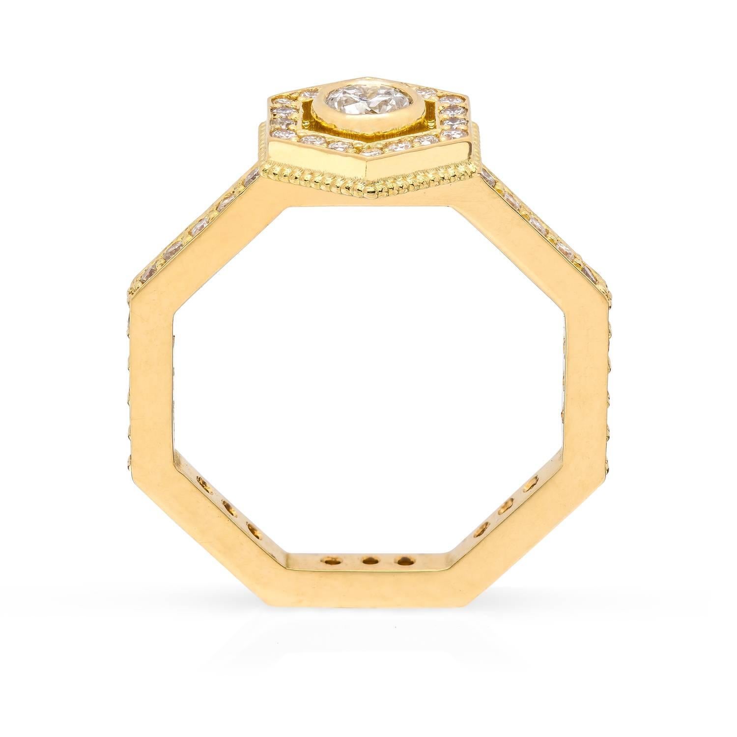 Ring size: 53 

We designed this ring with shapes and meaning in mind. An octagon surrounds your finger, which is a symbol of totality - an all-encompassing power.
The top of the ring is a hexagon - representing union and communication.
Aretha is a