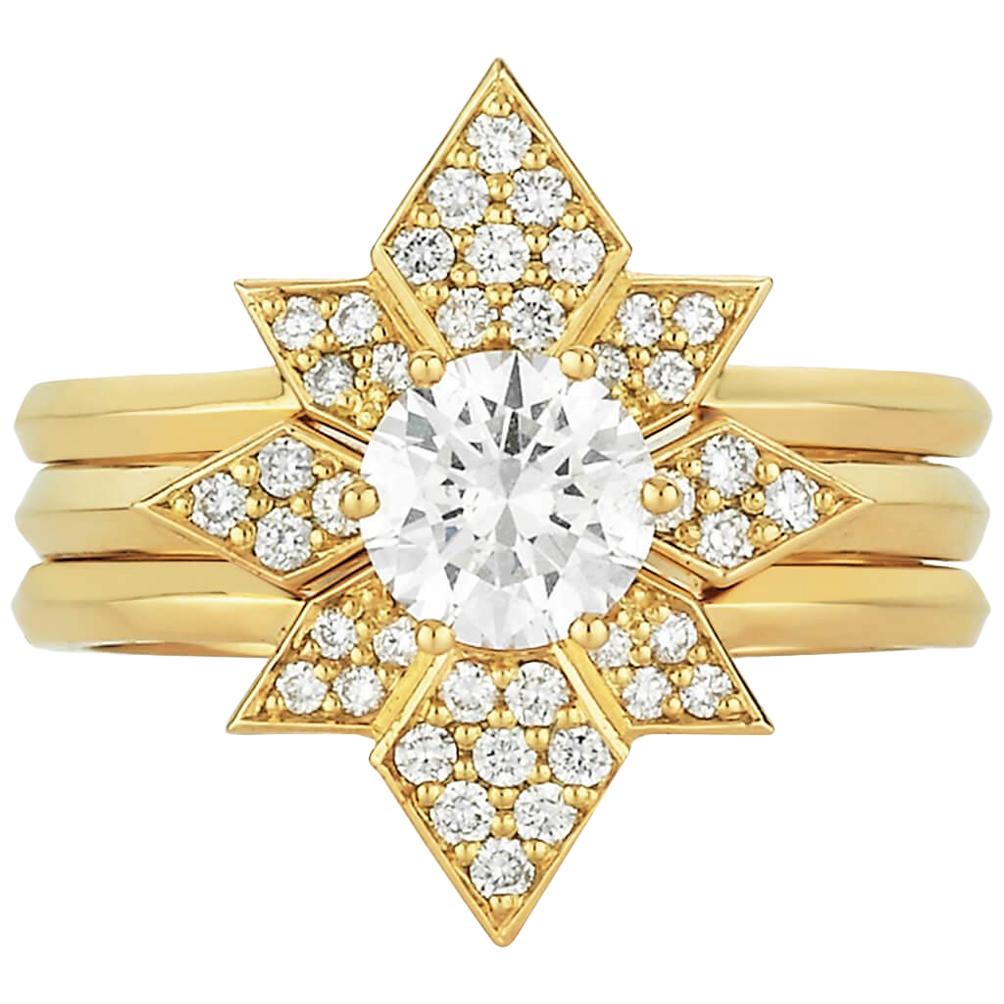 Zoe & Morgan Dahlia & Amara 18k Yellow Gold Diamond Wedding Ring Set  For Sale