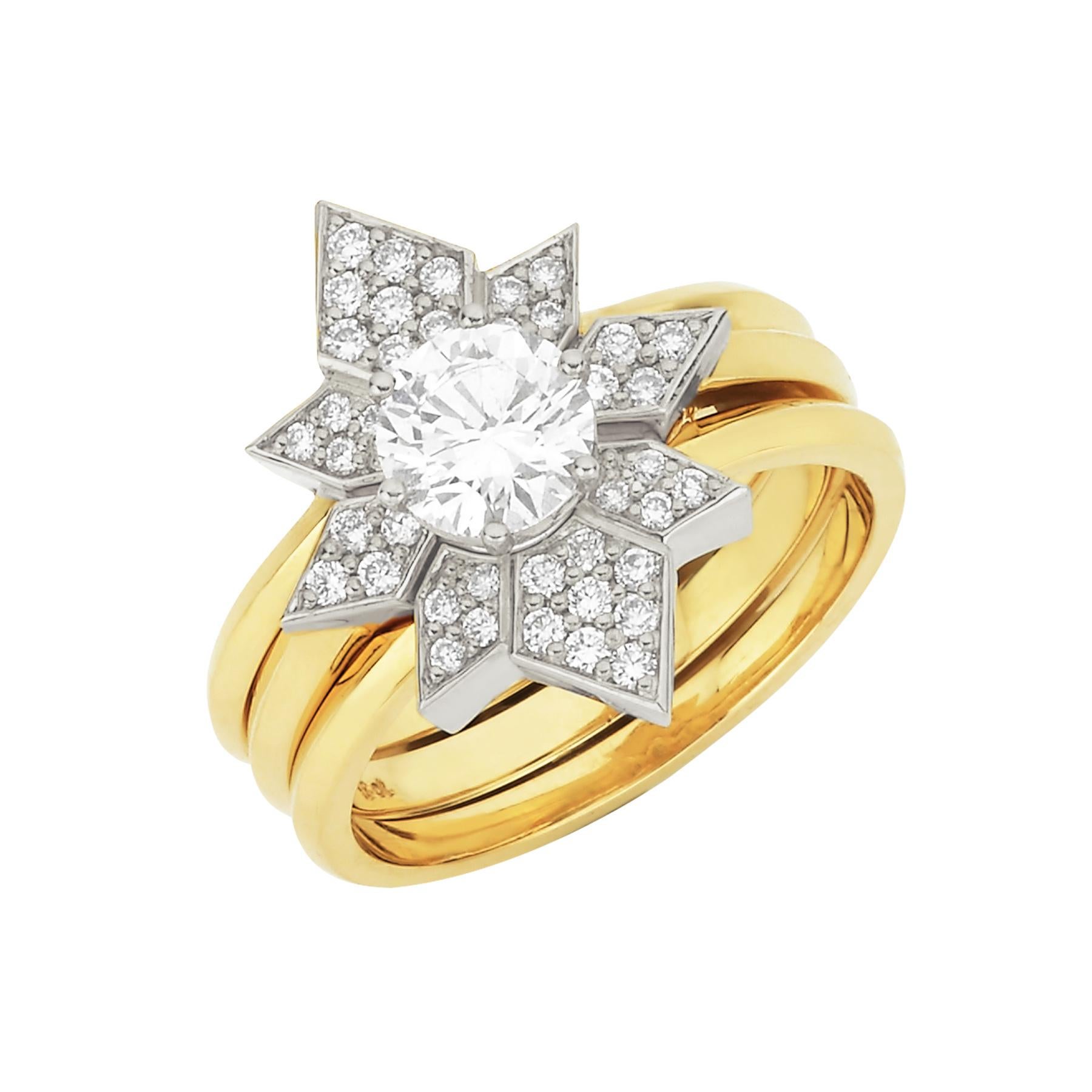 Set size: 53

The Dahlia and Amara Ring Set is a symbol of the spark of love. The harmonious design of the three rings creates a radiant geometrical shape with the solitaire diamond shining brightly from within. The setting is made from platinum to