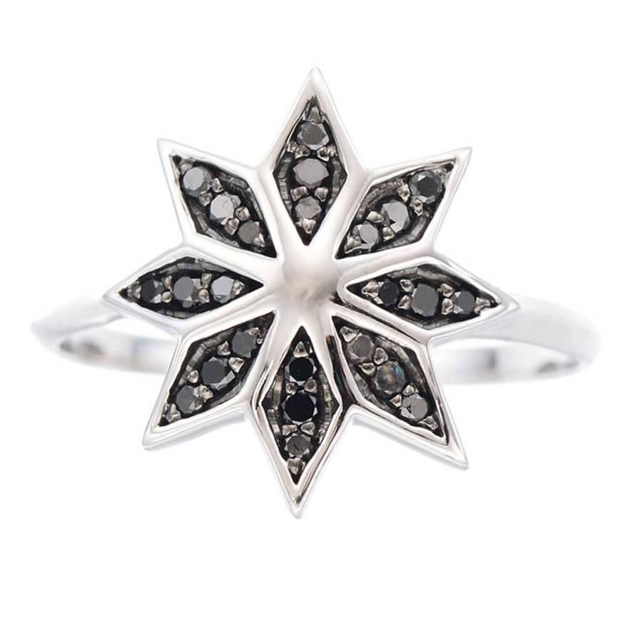 Zoe & Morgan Lakshmi Flower White Gold Black Diamond Ring For Sale