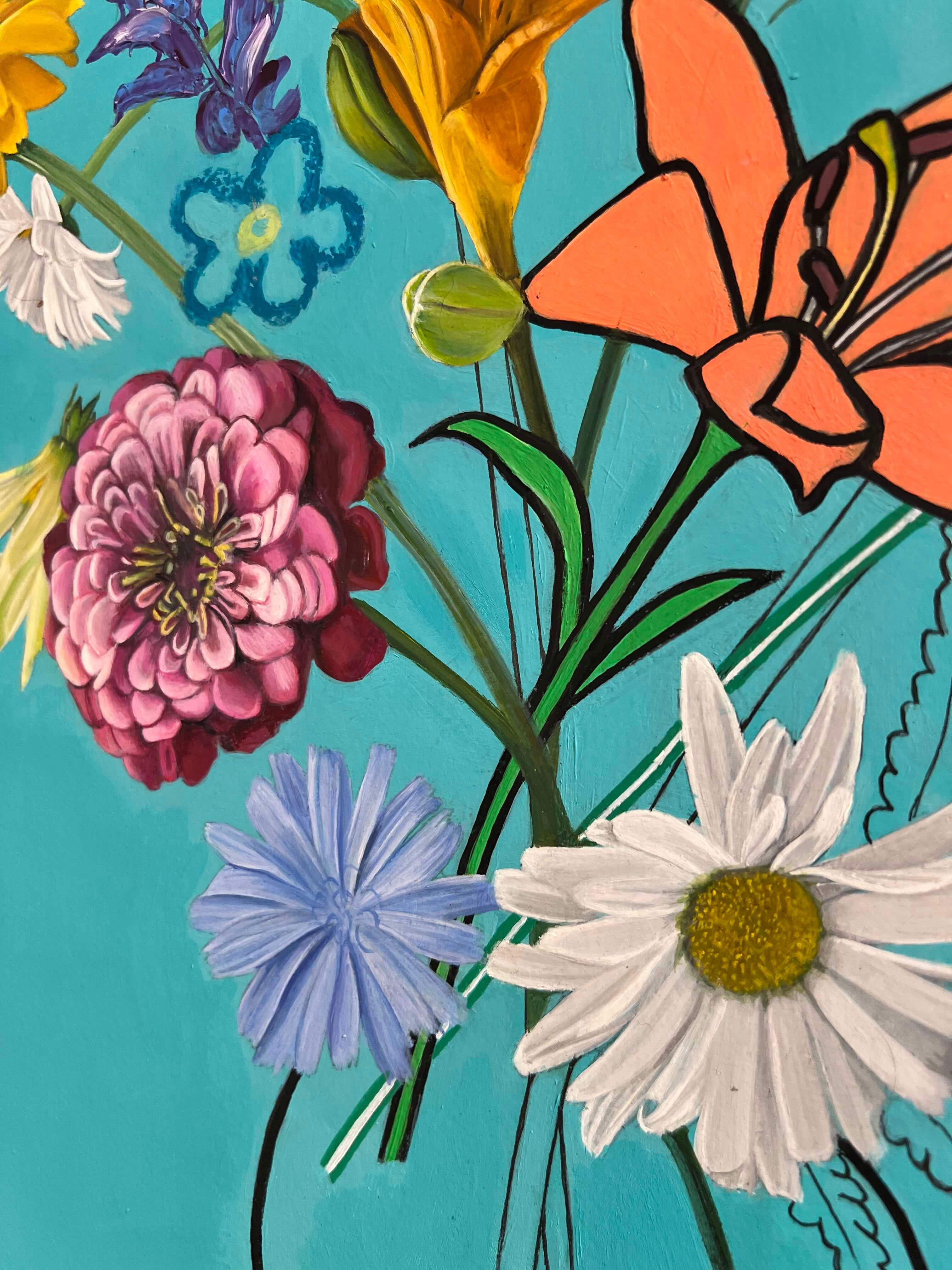pop art contemporain paysage nature morte fleurs peint à la main design d'intérieur - Painting de Zoe Moss