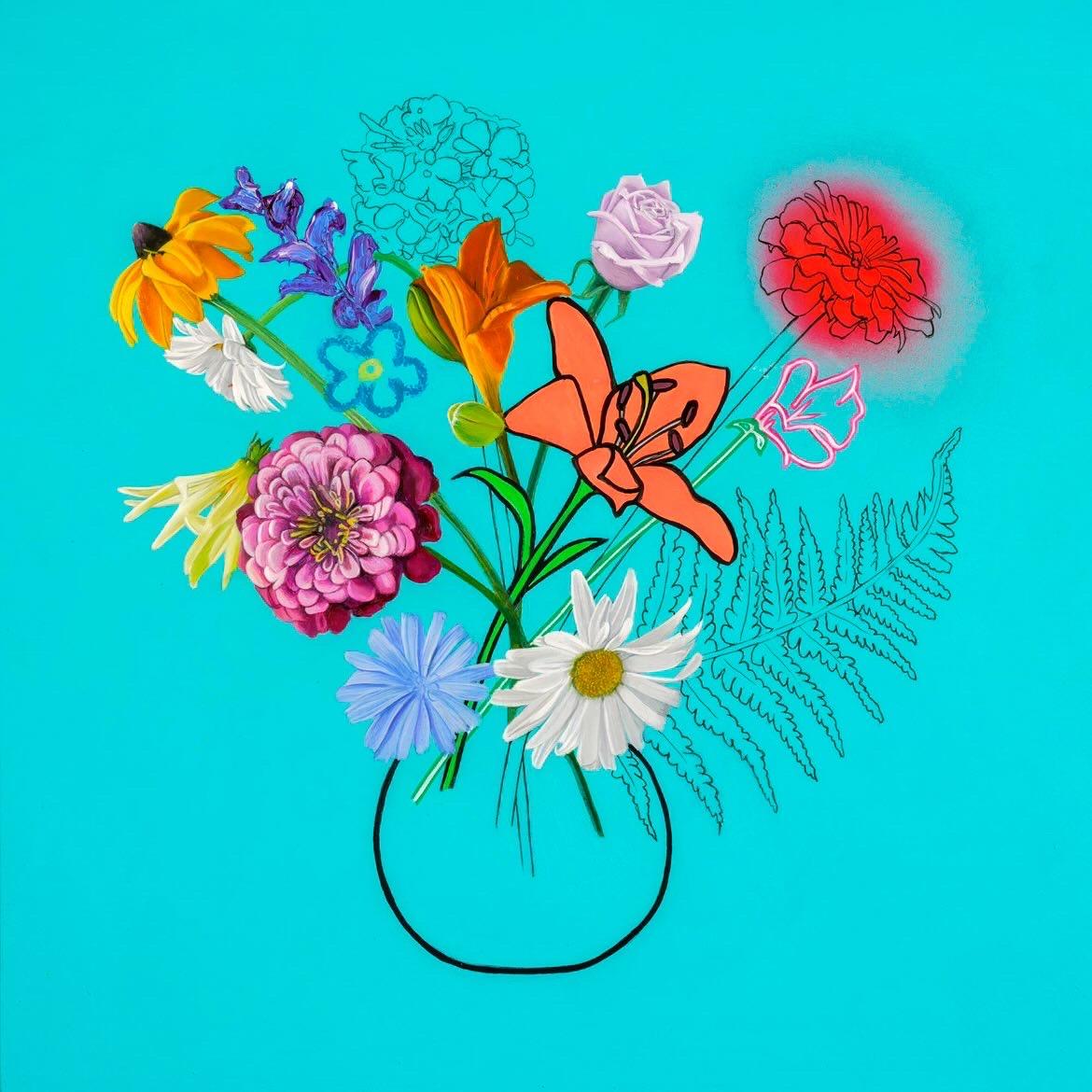 pop art contemporain paysage nature morte fleurs peint à la main design d'intérieur - Pop Art Painting par Zoe Moss