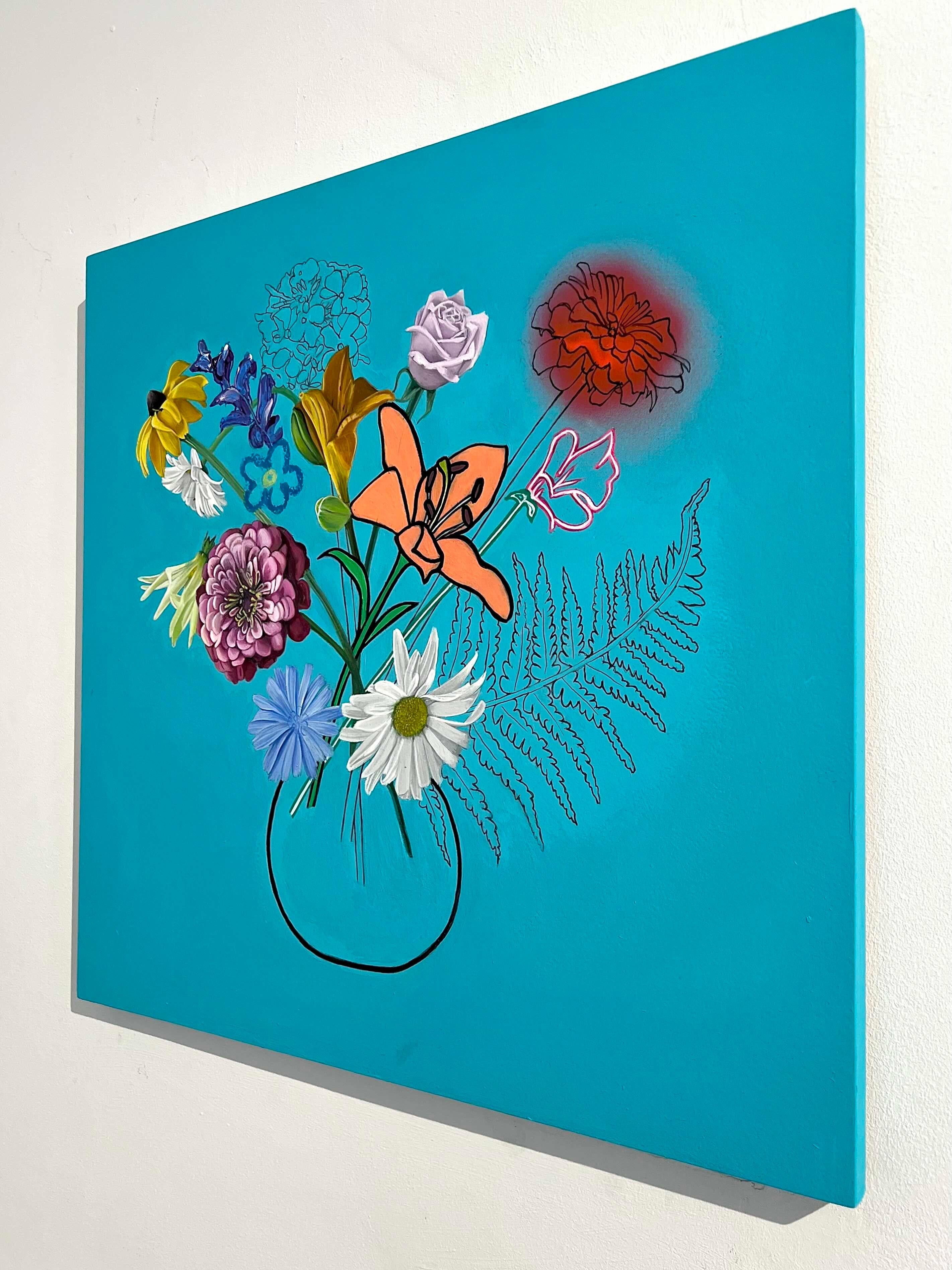 pop art contemporain paysage nature morte fleurs peint à la main design d'intérieur - Bleu Still-Life Painting par Zoe Moss