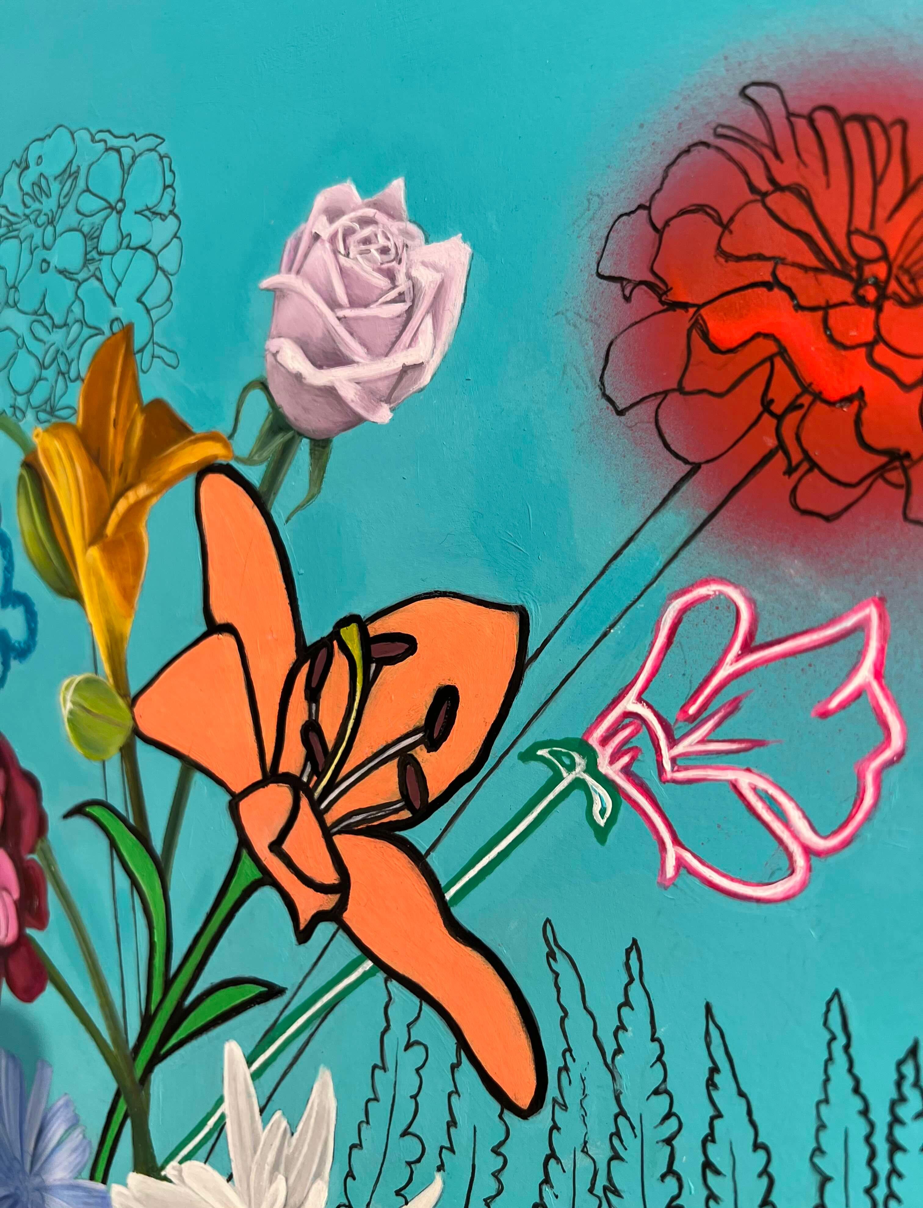 Il s'agit d'une peinture à l'huile et à l'acrylique sur panneau réalisée à la main dans un style post-moderne.  Les lignes ressemblant à des croquis s'entrecroisent avec les autres fleurs photo réalistes et créent un bouquet de nature morte.

Zoe