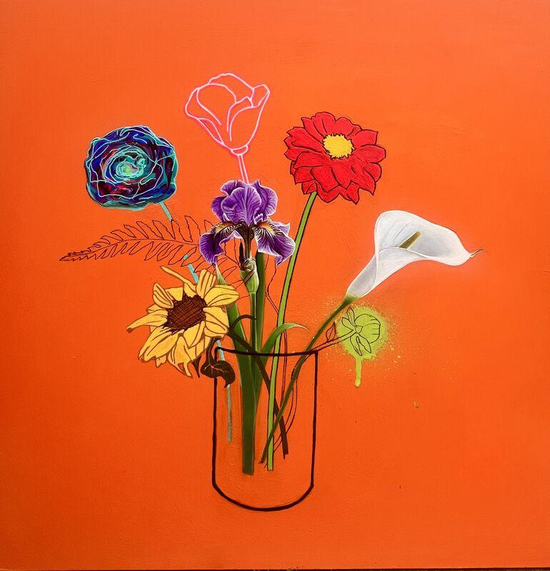 Floral Contemporary Painting, Oil on Wood Panel, Still Life Pop Art Style