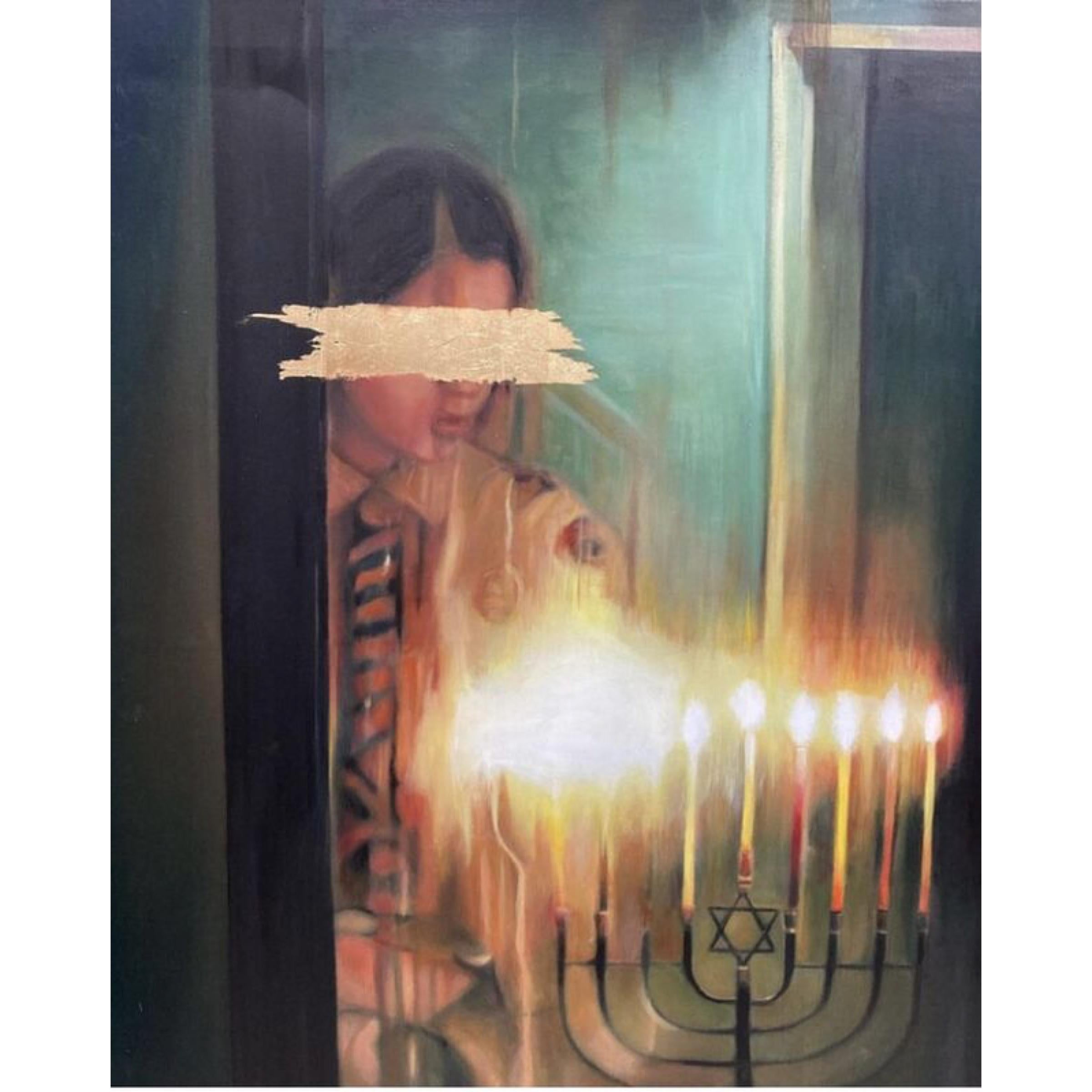 Oil paint on canvas. A painting of a girl lighting the menorah, her eyes both shielded from atrocities and highlighted by the light.

80cm x 100cm 

Signed by the artist