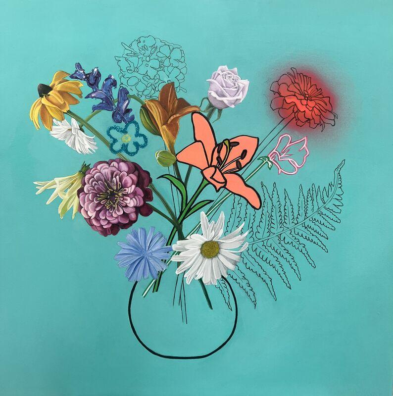 Peinture florale contemporaine de tournesol jaune, huile et acrylique, nature morte