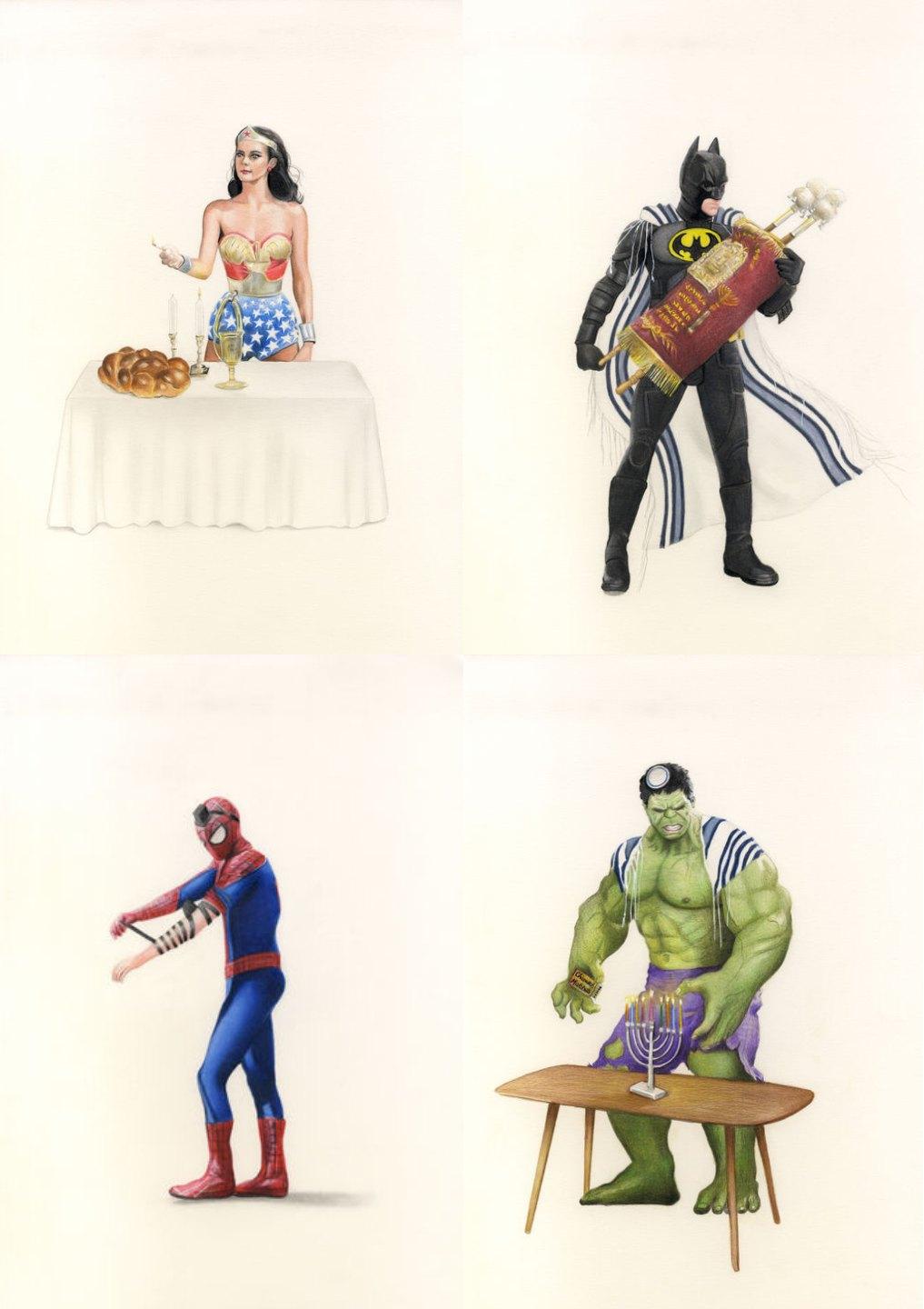 Superhero Jewish Series, Wonderwoman, Spiderman, Batman, Hulk, Pop Art, Hanukkah