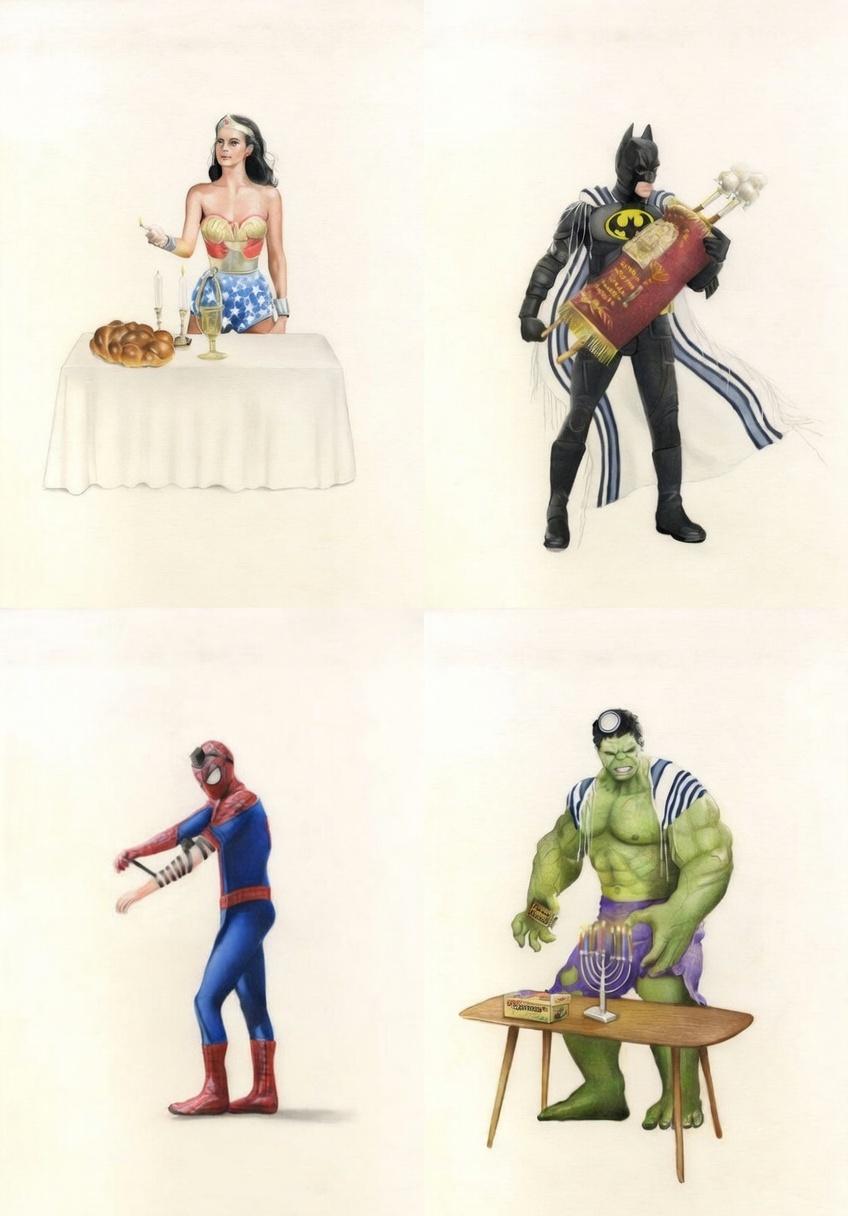 Superhero Jewish Series, Wonderwoman, Spiderman, Batman, Hulk, Pop Art, Hanukkah - Print by Zoe Moss