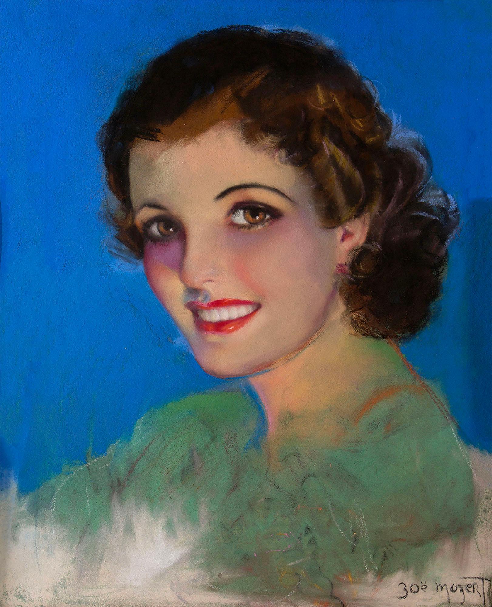 Zoë Mozert Figurative Painting –  Goldenes Zeitalter der Illustration Schöne lächelnde Frau,  Illustratorin