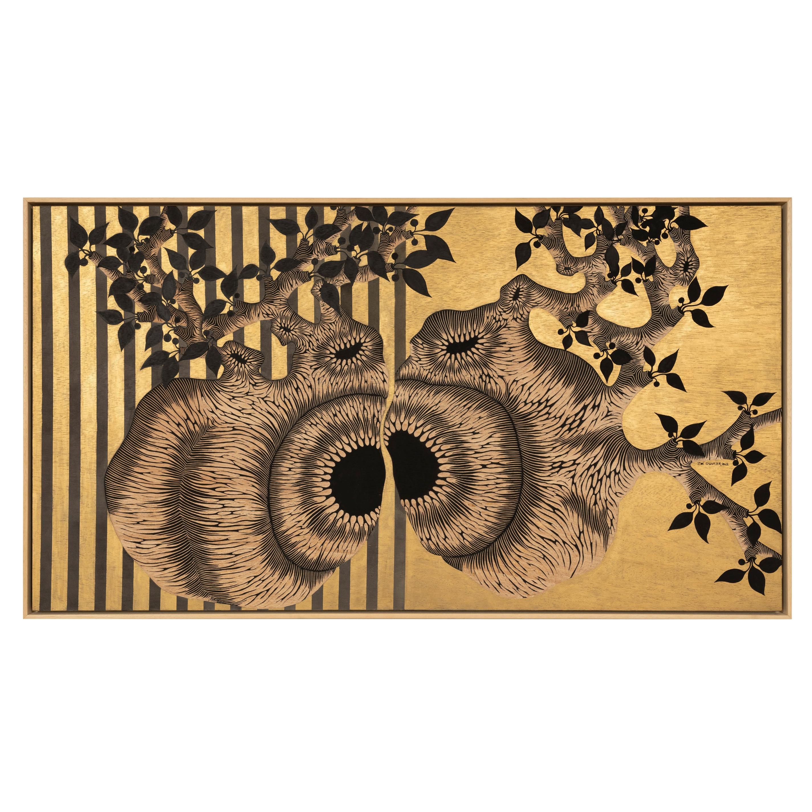 Zoe Ouvrier "Oumi" hand-carved golden panel sculpture relief