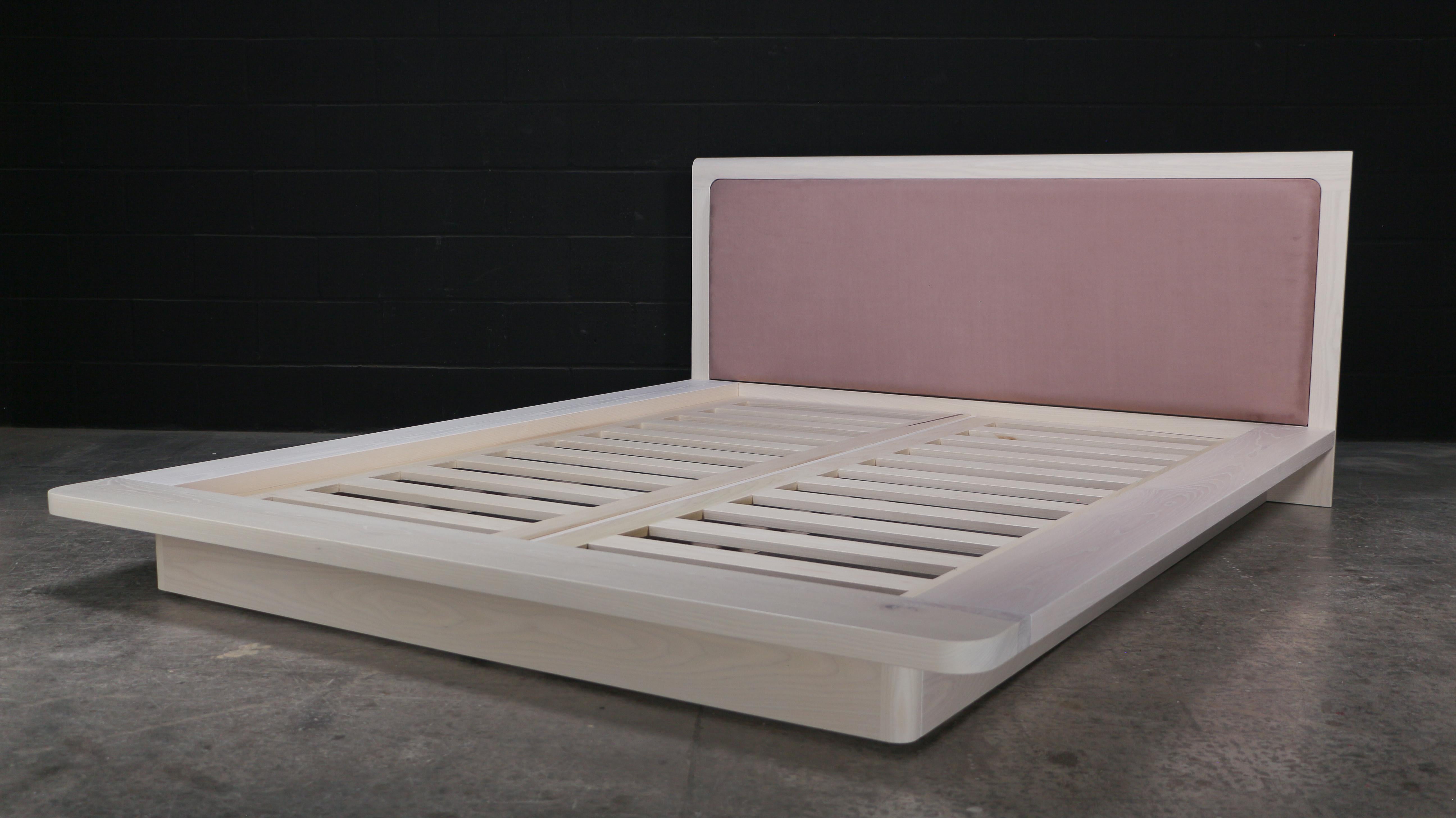 Modern Zoë Platform Bed (Queen), by AMBROZIA, Bleached Solid Ash & Blush Suede For Sale