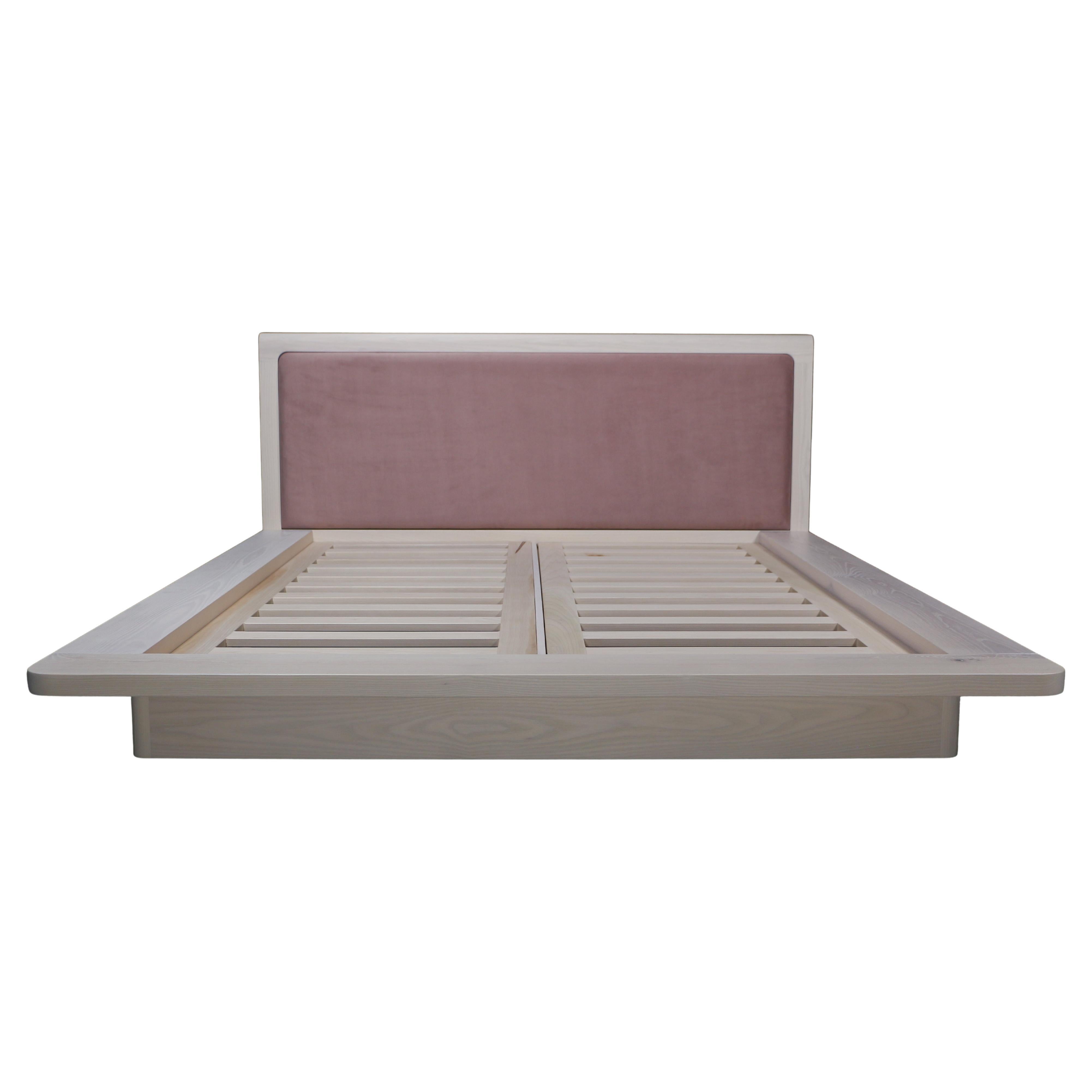 Zoë Platform Bed (Queen), by AMBROZIA, Bleached Solid Ash & Blush Suede For Sale