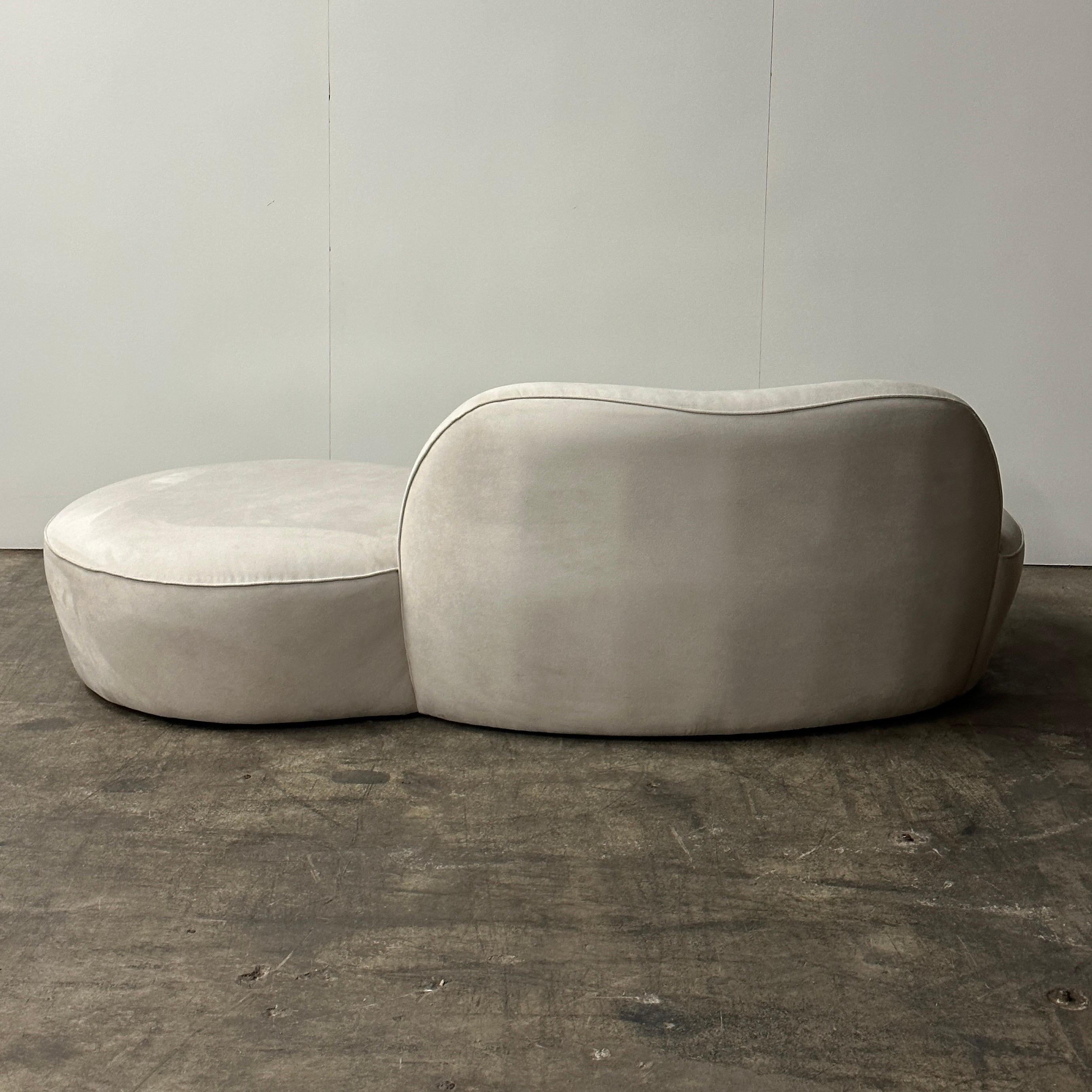 The Zoe sofa was one of Vladimir Kagan’s last designs, circa 2000s. Made by American Leather /Room and Board. Upholstered in original ultra suede. The biomorphic shape similar to Kagan’s previous work.