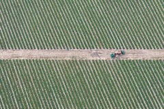 Minimalistische zeitgenössische Farbfotografie „Tractor“ (grünes und erdfarbenes Luftbild)