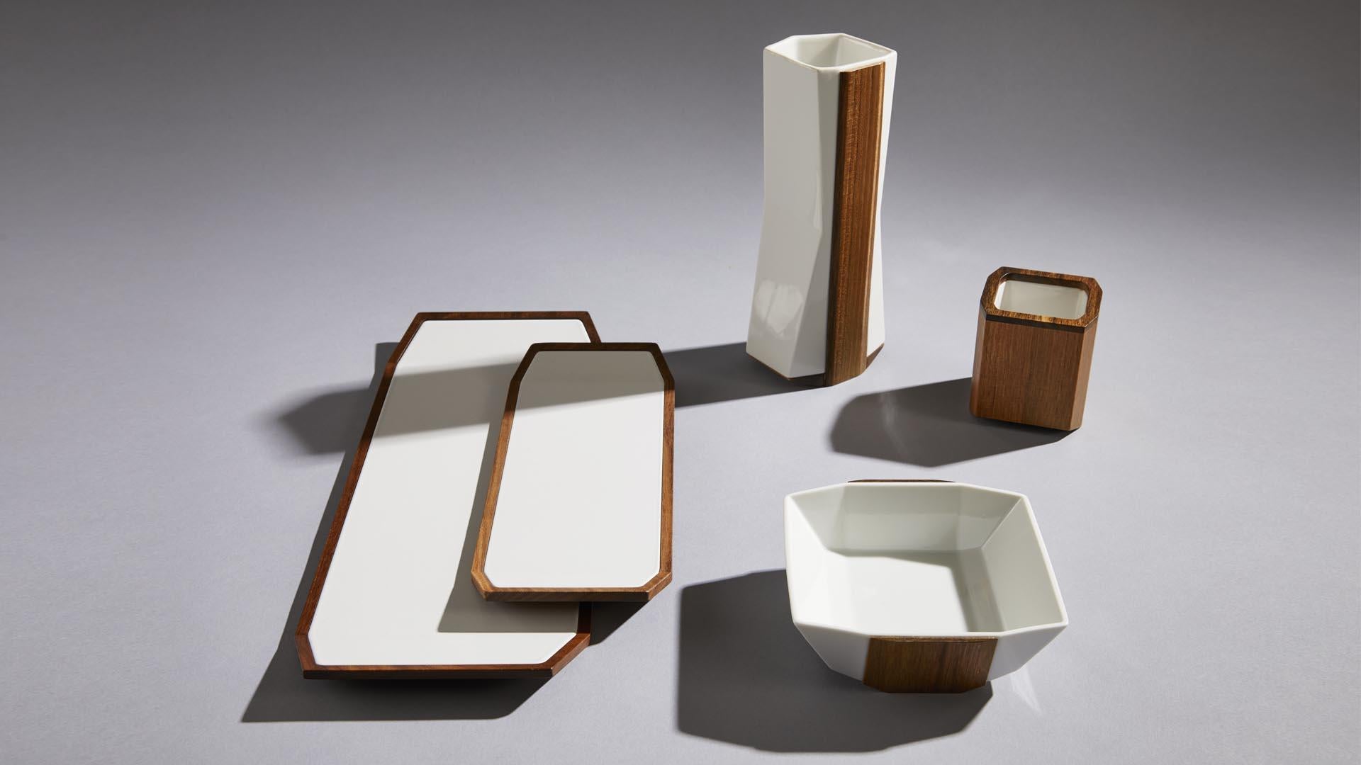 Modern Zōgan, Enamel Embedded Decorative Wooden Tray 'S' by Tamen For Sale