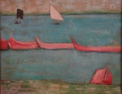 "Boats" Peinture à l'huile 15"" x 19" pouces par Zohra Efflatoun