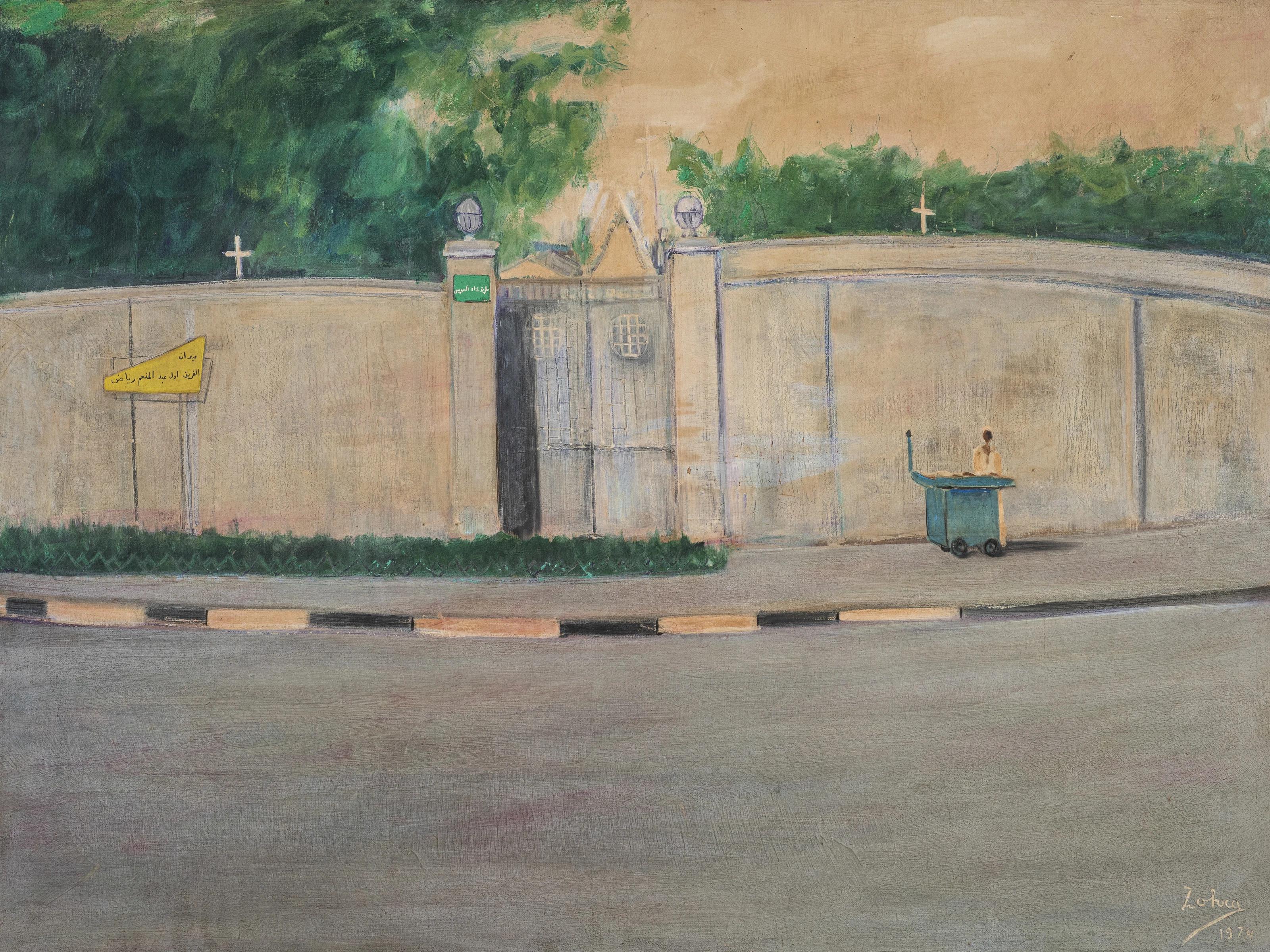 „Cairo Street Corner“ Ölgemälde 39" x 28" Zoll (1974) von Zohra Efflatoun

unterzeichnet & datiert

Zohra Efflatoun stammt aus einer Künstlerfamilie. Ihre Halbschwester Inji war eine bekannte Malerin aus Kairo. Zohra hingegen, die in Alexandria