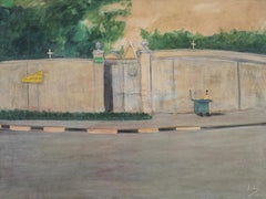 "Cairo Street Corner" peinture à l'huile 39" x 28" pouces (1974) par Zohra Efflatoun