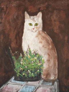 Vintage "Le Chat II" Oil Painting 20" x 17" inch by Zohra Efflatoun