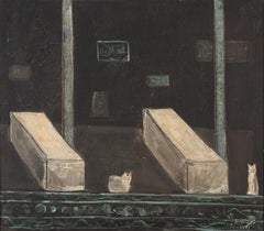 "Gatos y ataúdes" Pintura al óleo 15" x 17" pulgadas (1971) de Zohra Efflatoun