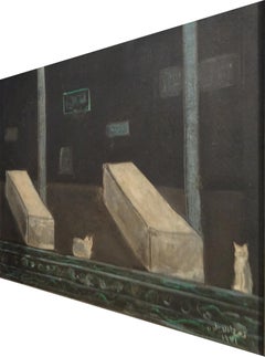 "Cats and Coffins" Oil Painting 15" x 17" inch by Zohra Efflatoun