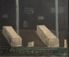Vintage "Cats and Coffins" Oil Painting 15" x 17" inch by Zohra Efflatoun