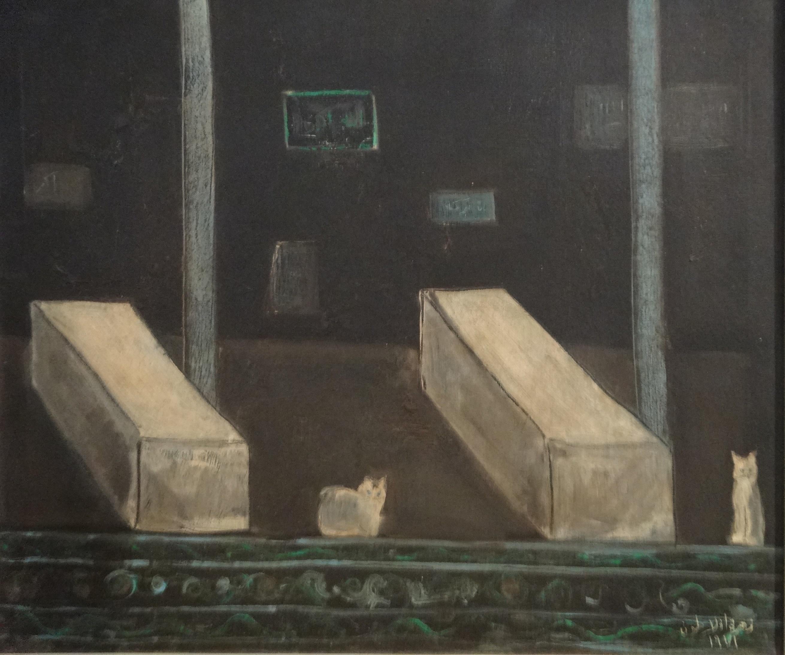 "Cats and Coffins" Oil Painting 15" x 17" inch (1971) by Zohra Efflatoun

Zohra Efflatoun came from an artistic family. Her half-sister Inji was a renowned painter from Cairo. Whereas Zohra, who lived in Alexandria, studied under the patronage of