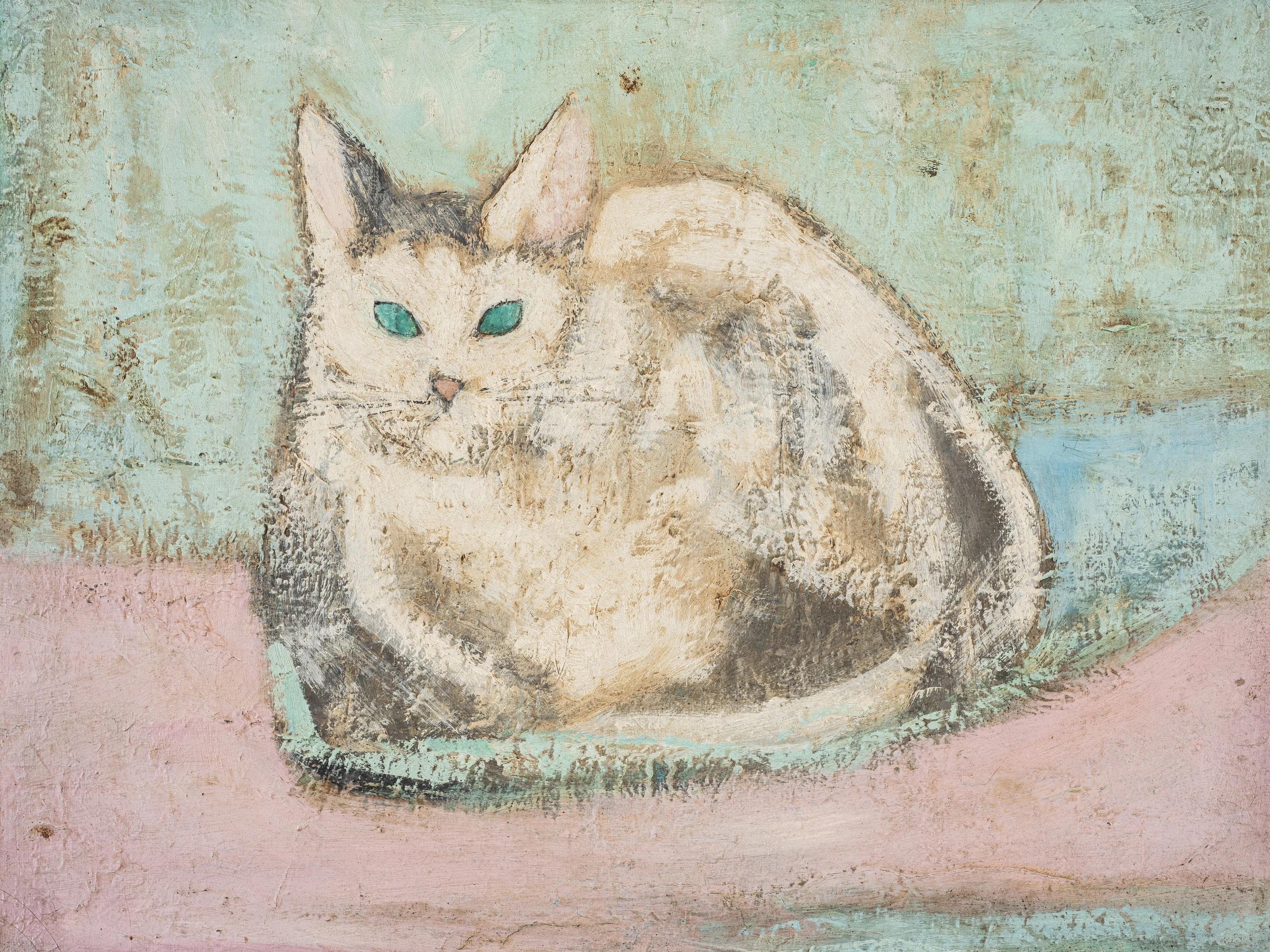 "Le Chat III" Pittura a olio 14" x 20" pollici (1950 circa) di Zohra Efflatoun