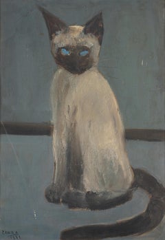 « Le Chat V », peinture à l'huile de 20" x 14" pouces (1971) par Zohra Efflatoun