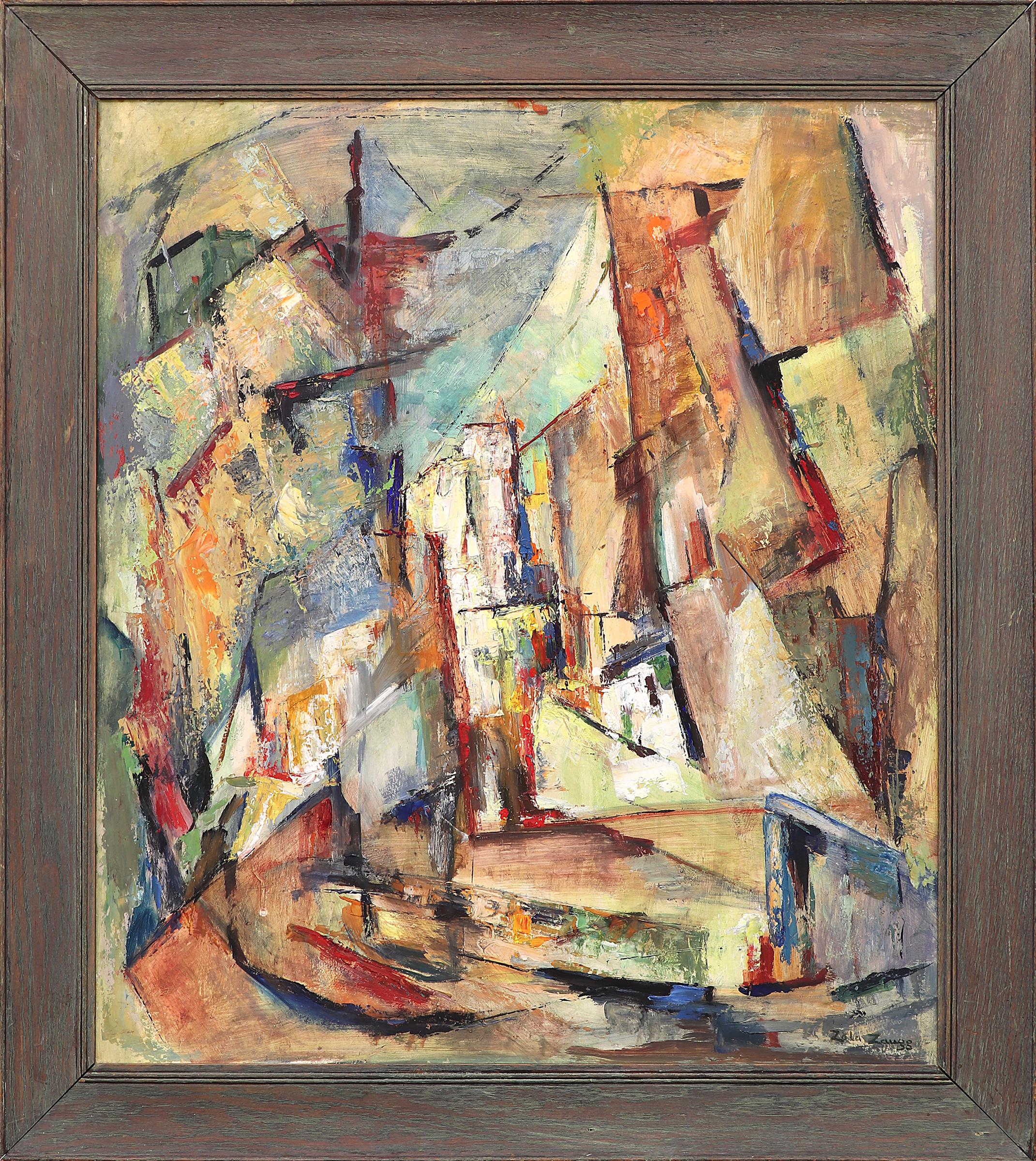 Zola Zaugg Evening Harbor, 1950s Abstract Oil Painting, American