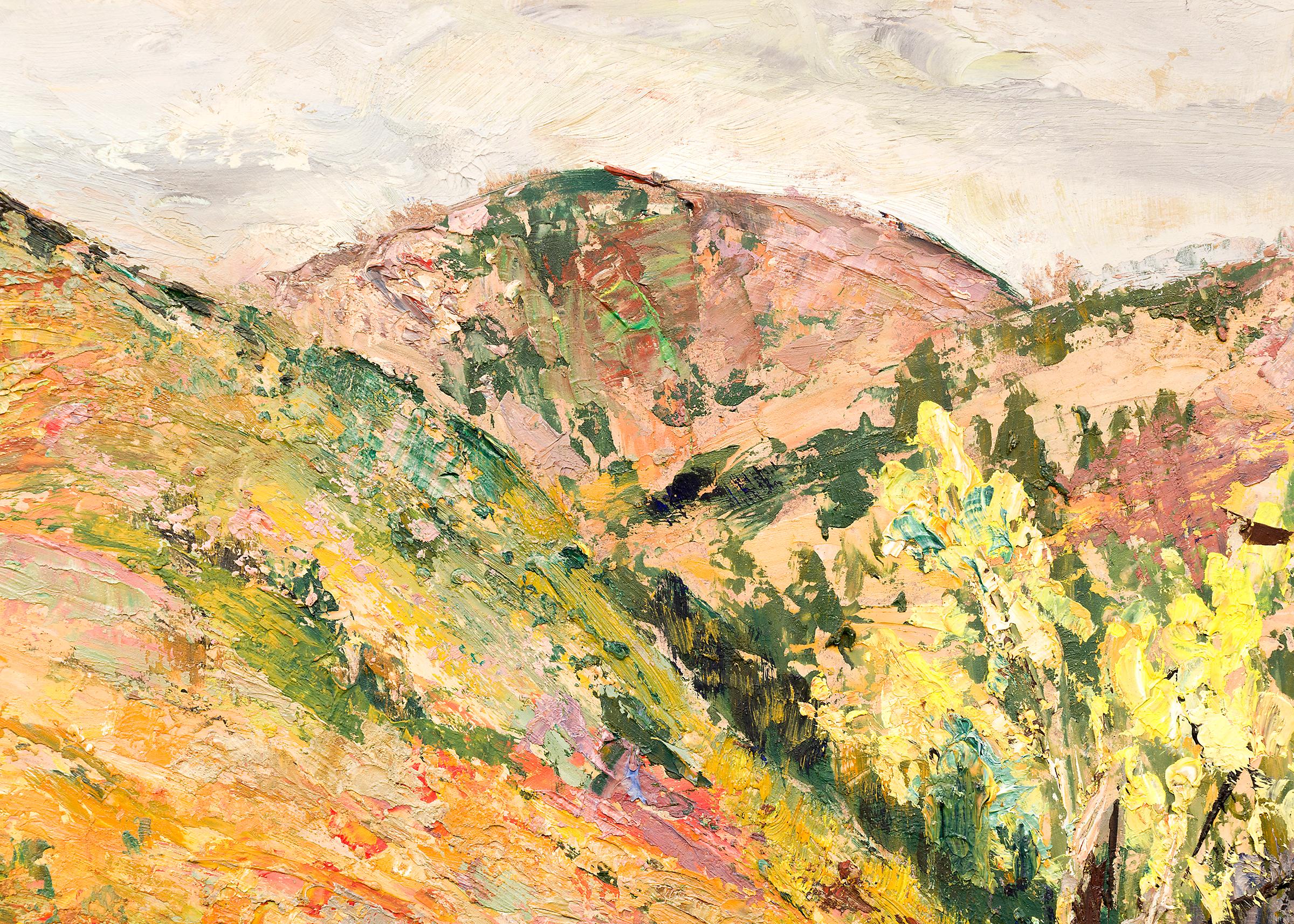 1950s Original Colorado Mountain Fall Landscape Oil Painting, Autumn Landscape - Brown Landscape Painting by Zola Zaugg