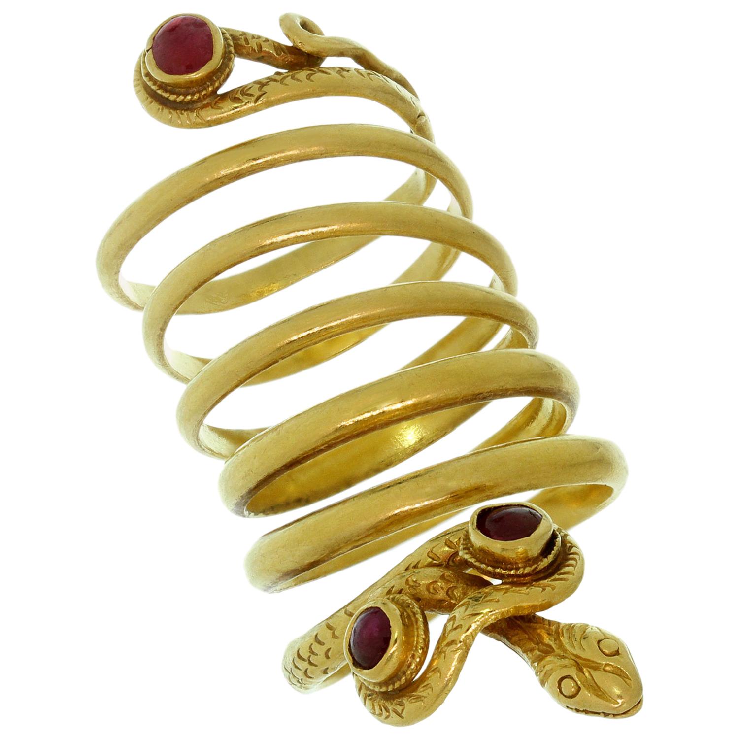 Zolatas Ruby 22 Karat Yellow Gold Coiled Snake Ring For Sale