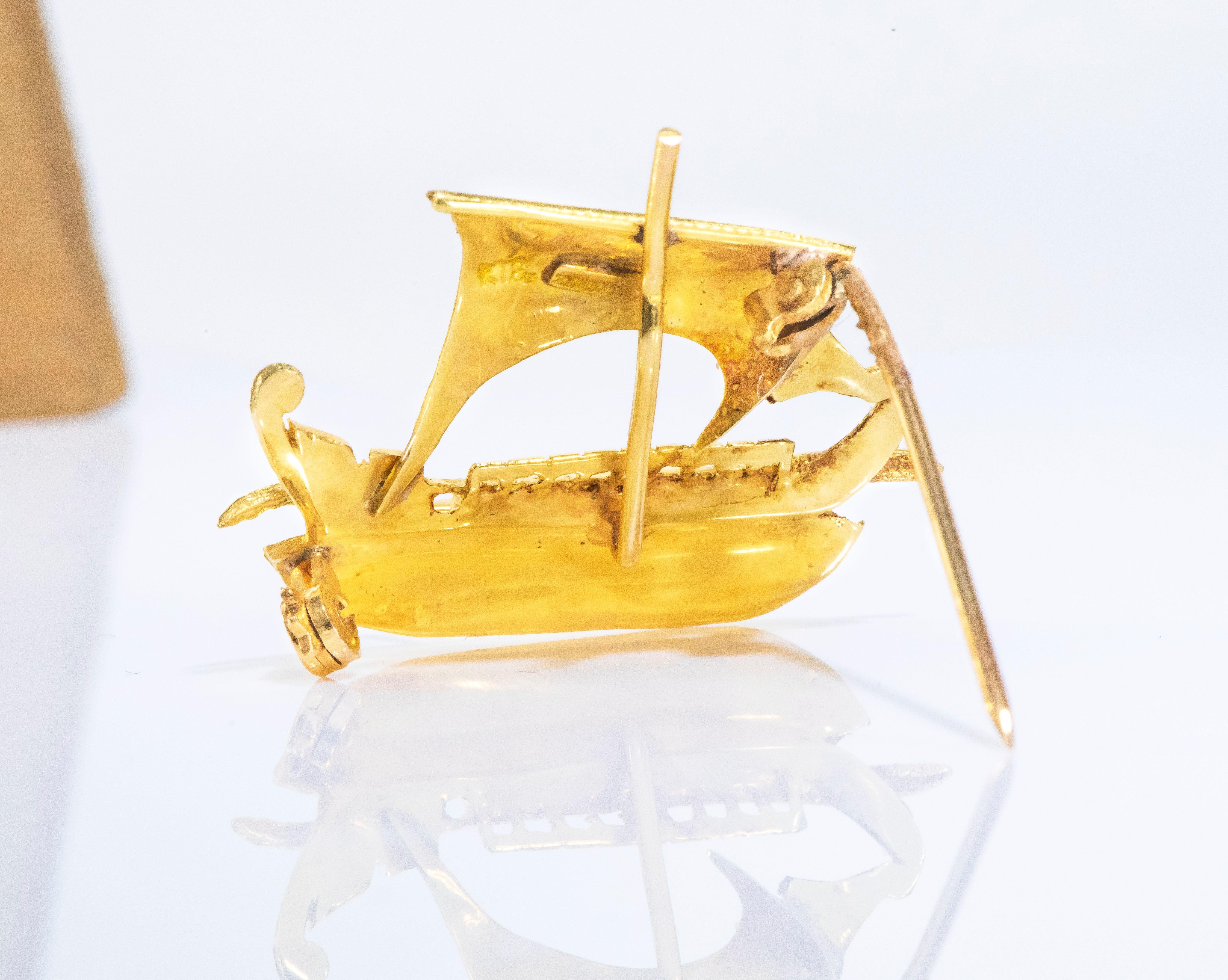 Zolotas 18 Karat Handmade Gold Ancient Greek Warship Oar Boat Brooch Pin 2