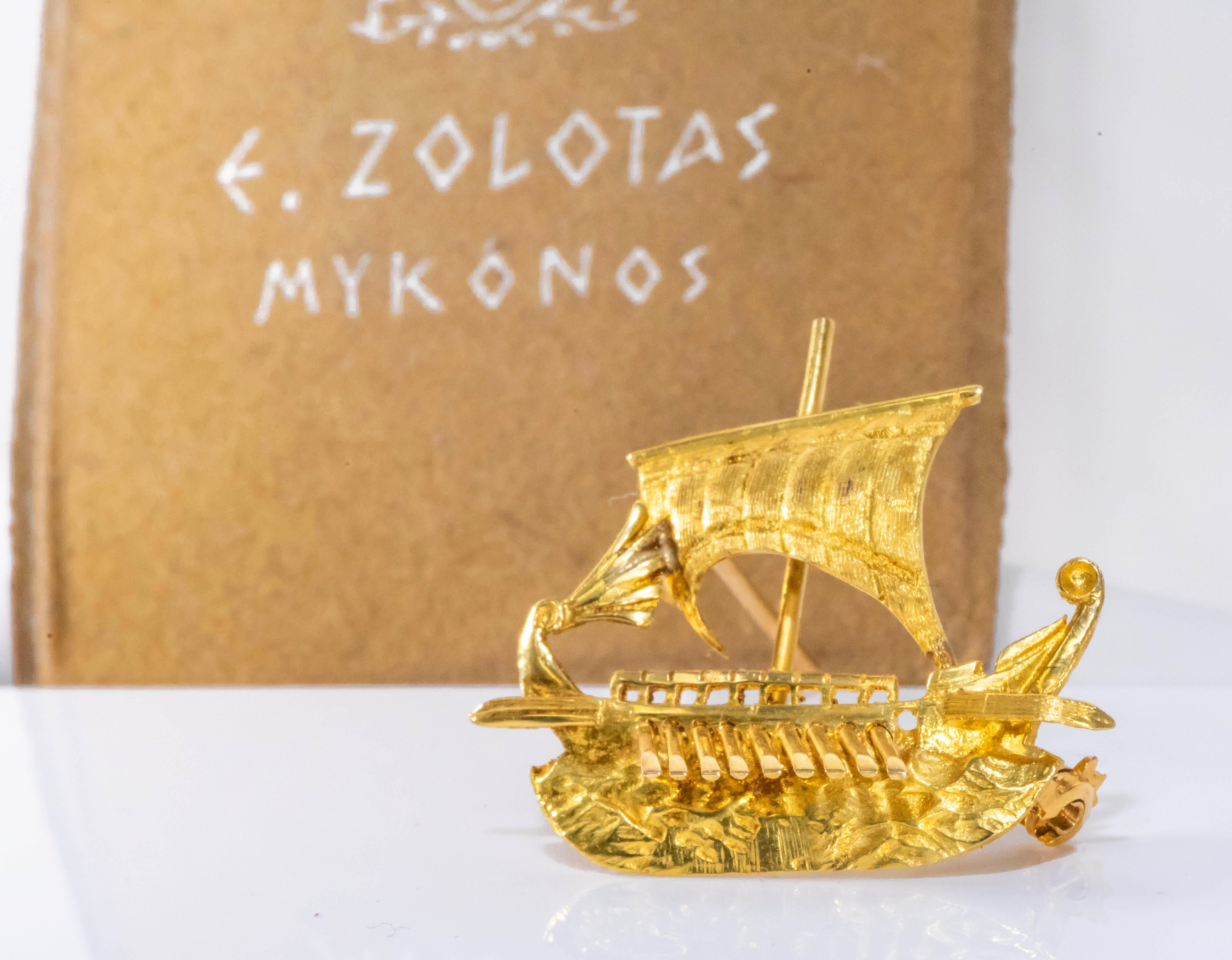 Zolotas 18 Karat Handmade Gold Ancient Greek Warship Oar Boat Brooch Pin 3