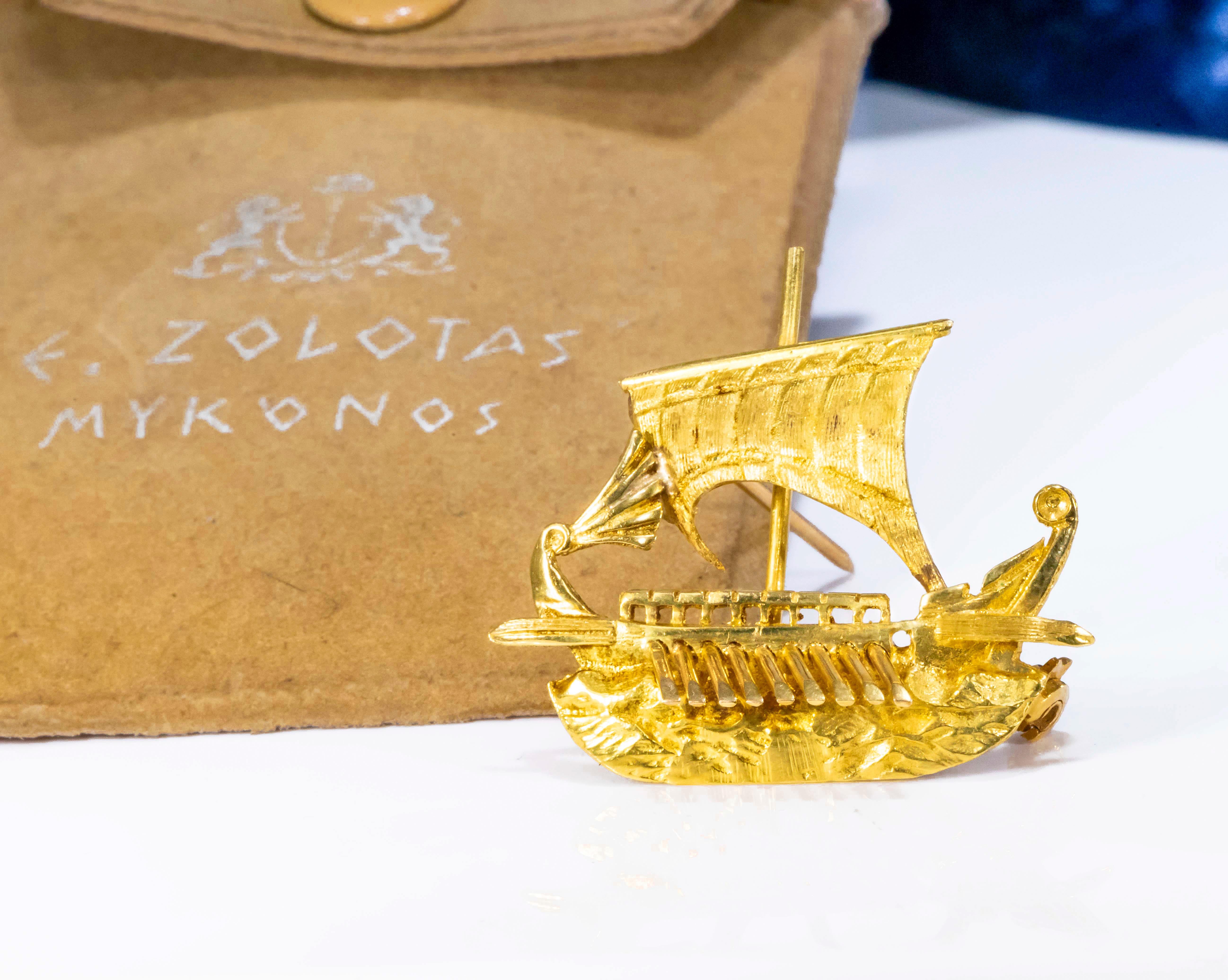 Zolotas 18 Karat Handmade Gold Ancient Greek Warship Oar Boat Brooch Pin 4