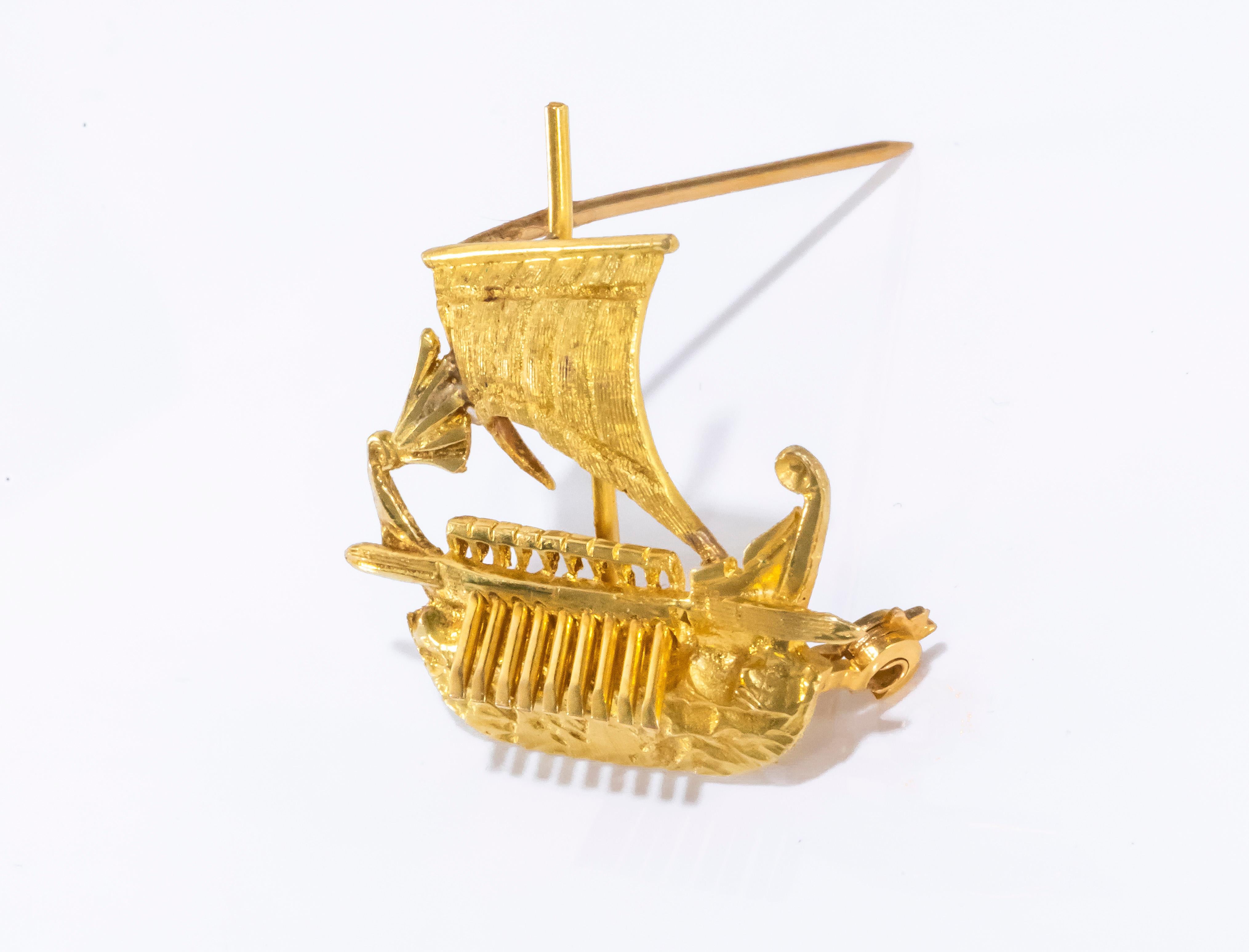 Zolotas 18 Karat Handmade Gold Ancient Greek Warship Oar Boat Brooch Pin 1