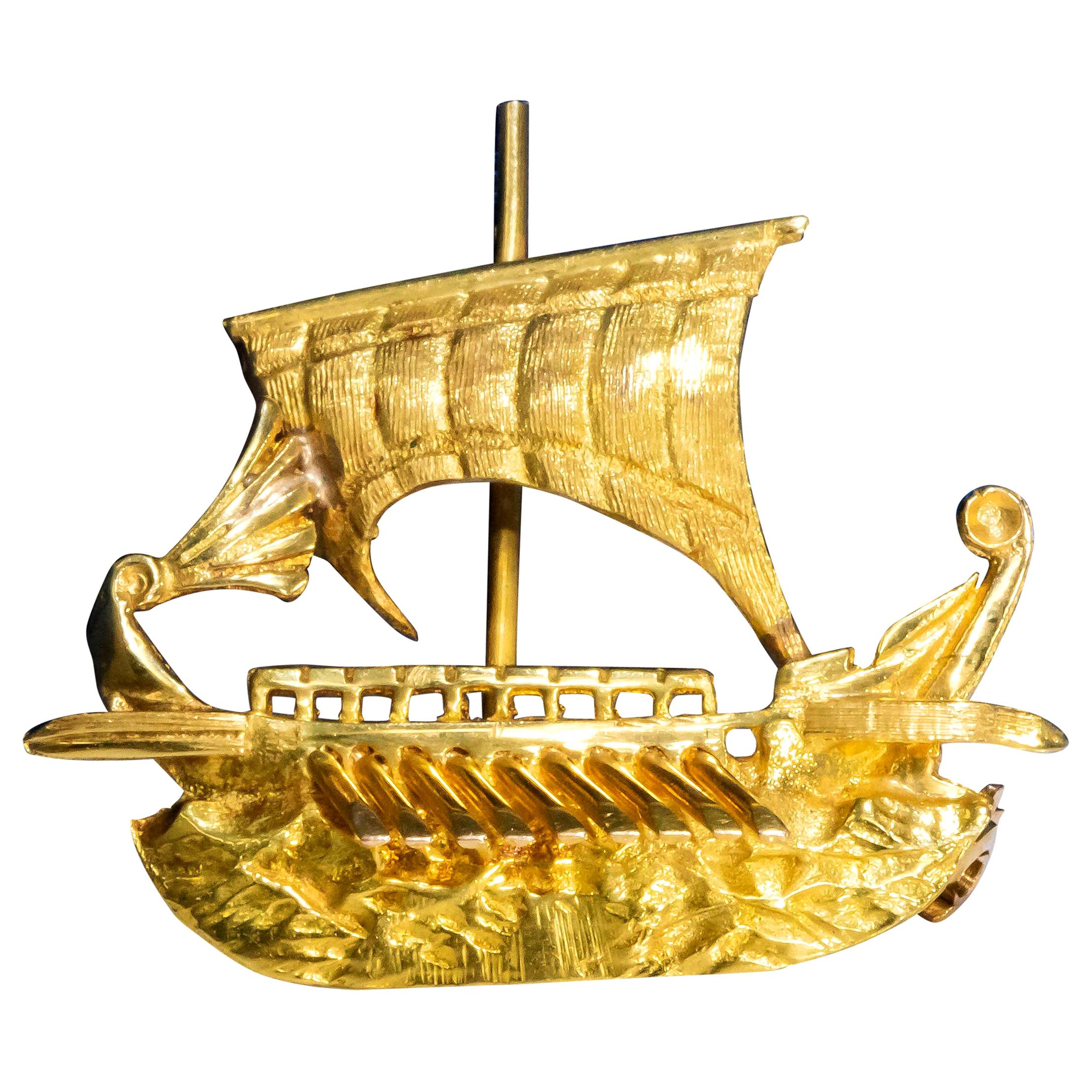 Zolotas 18 Karat Handmade Gold Ancient Greek Warship Oar Boat Brooch Pin