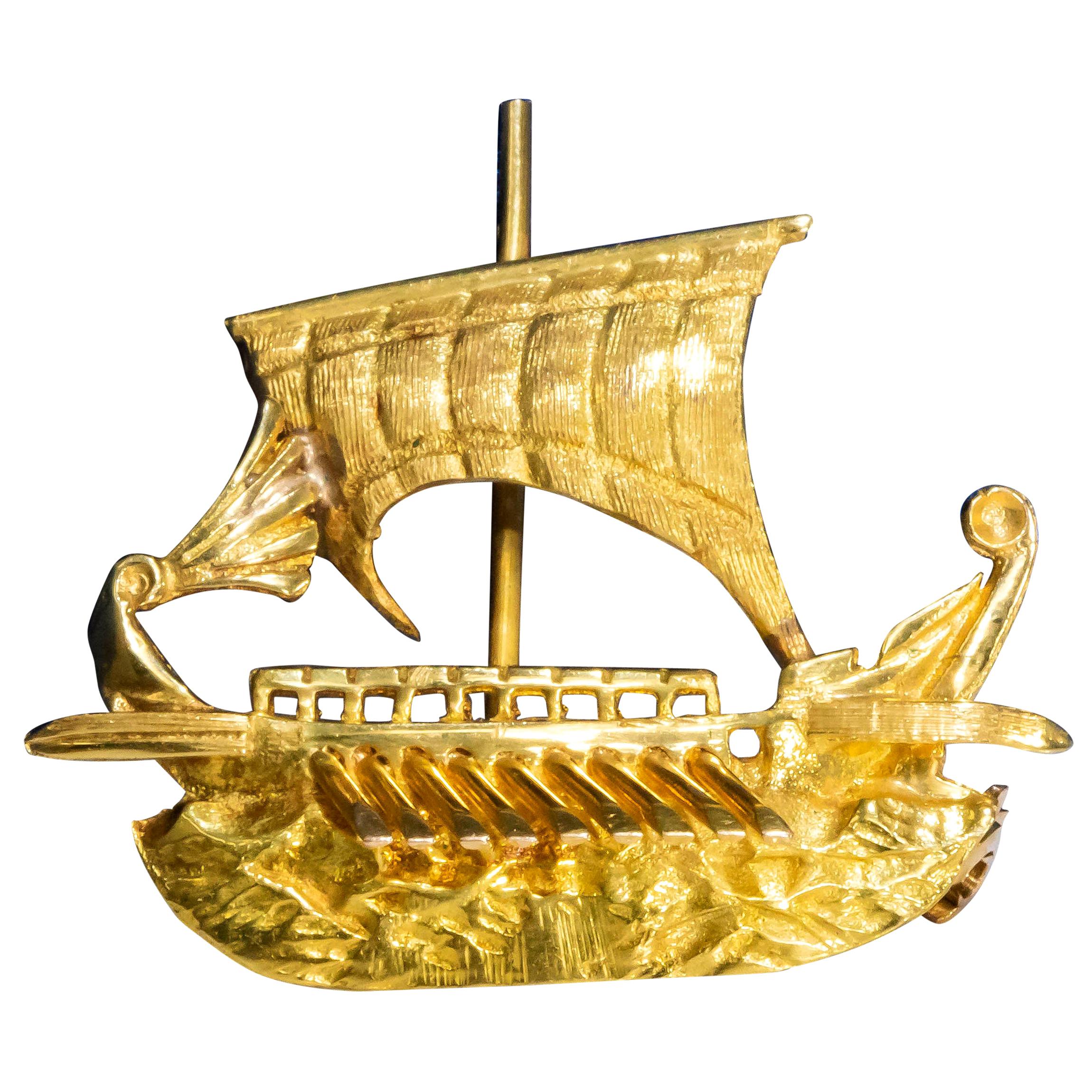 Zolotas 18 Karat Handmade Gold Ancient Greek Warship Oar Boat Brooch Pin