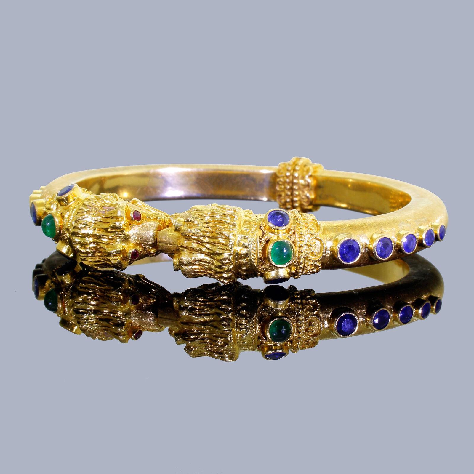 Round Cut Zolotas 18 K Gold Chimera Lion Bangle Bracelet Sapphire Emerald Heritage 1969
