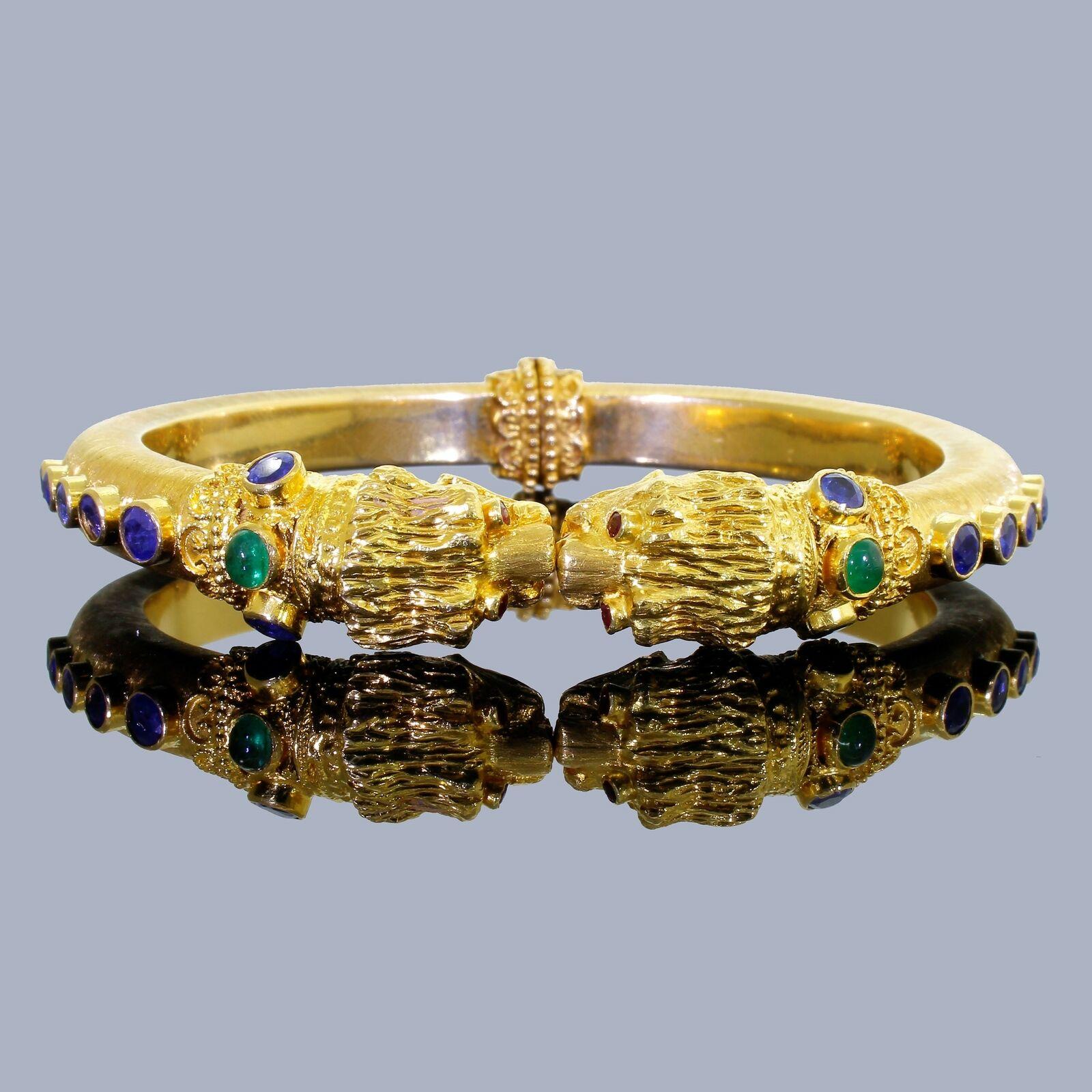 Zolotas 18 K Gold Chimera Lion Bangle Bracelet Sapphire Emerald Heritage 1969 In Good Condition In Lauderdale by the Sea, FL