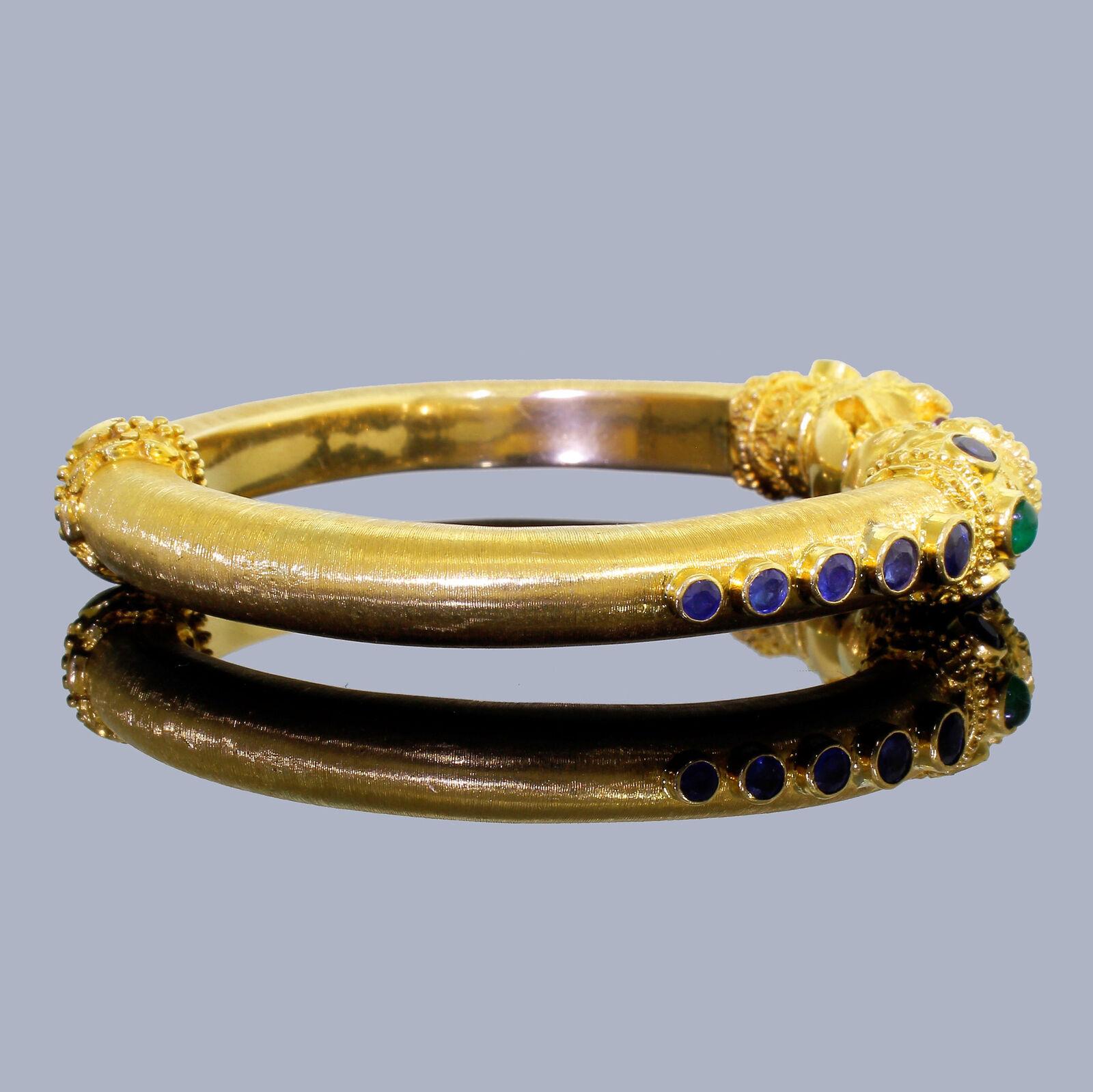 Women's Zolotas 18 K Gold Chimera Lion Bangle Bracelet Sapphire Emerald Heritage 1969