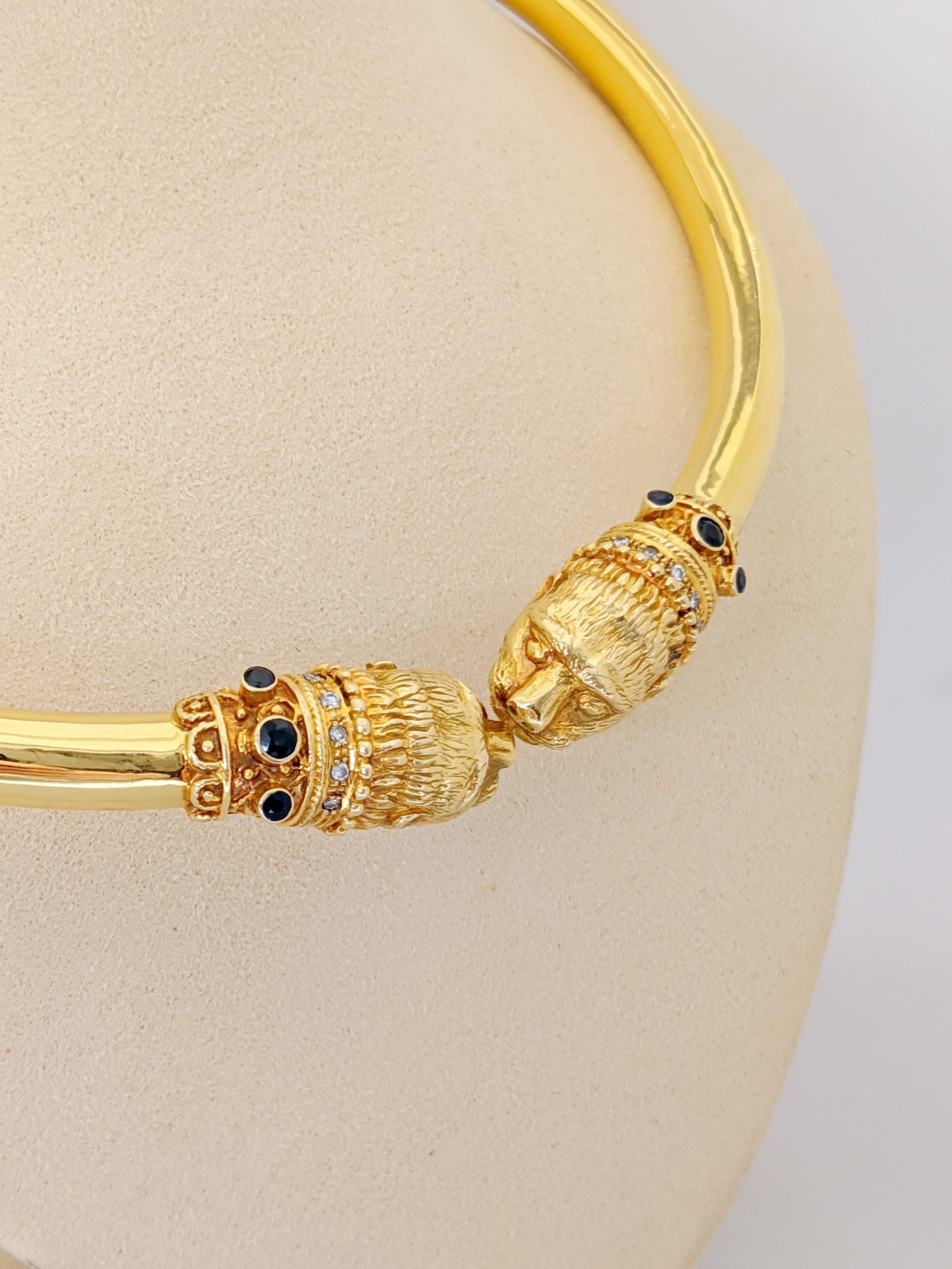 This 18 karat yellow gold choker was designed by Zolotas of Athens , Greece. Founded in 1895 the company merges Greek heritage with modern style to create these timeless pieces. Coveted by Royals and Actresses.
The choker is designed with two