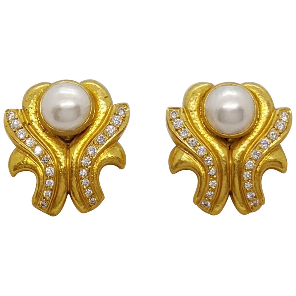 Zolotas 22 Karat & 24 Karat Yellow Gold, Mabe Pearl and Diamond Clip-On Earrings